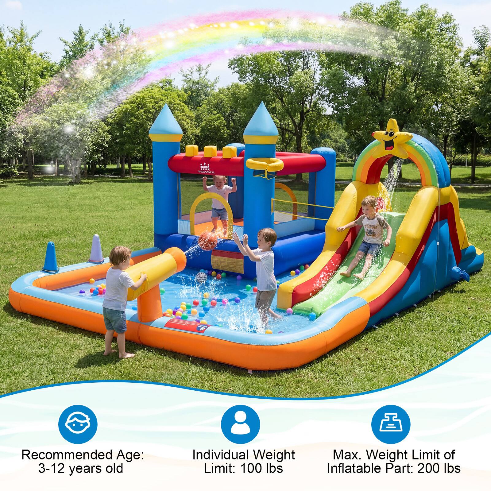 Recommended Age: 3-12 years old  
Individual Weight Limit: 100 lbs  
Max. Weight Limit of Inflatable Part: 200 lbs