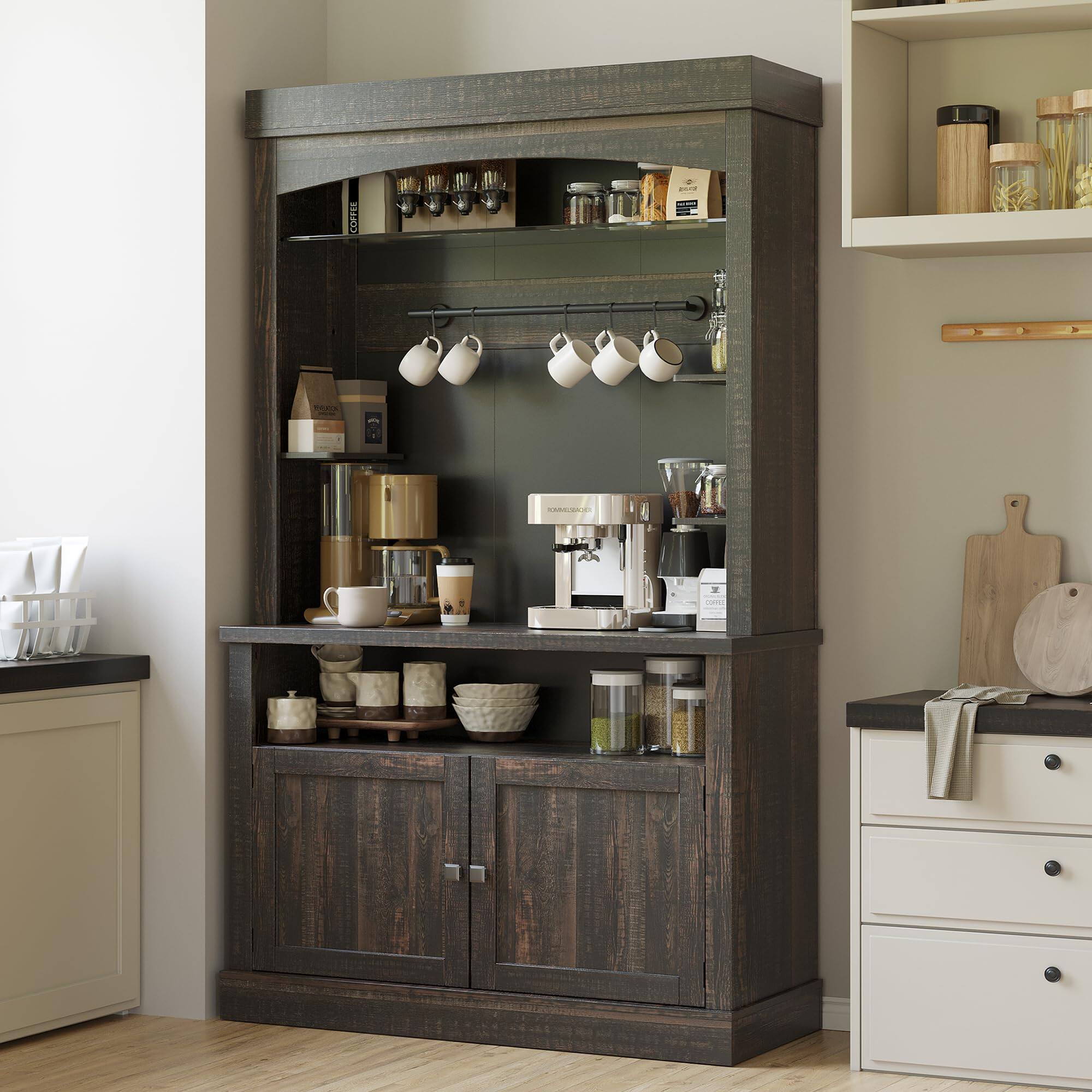 Left. Qeetex - 72" Coffee Bar Cabinet with LED Lights, Microwave Stand, Wine Rack & Glass Shelf - Oak Black.