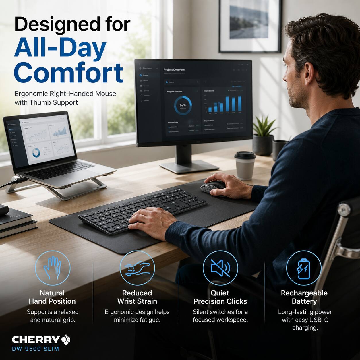 Designed for All-Day Comfort

Ergonomic Right-Handed Mouse with Thumb Support

Project overview:
- 67%

Natural Hand Position
Supports a relaxed and natural grip.

CHERRY DW 9500 SLIM
Reduced Wrist Strain
Ergonomic design helps minimize fatigue.

Quiet Precision Clicks
Silent switches for a focused workspace.

Rechargeable Battery
Long-lasting power with easy USB-C charging.