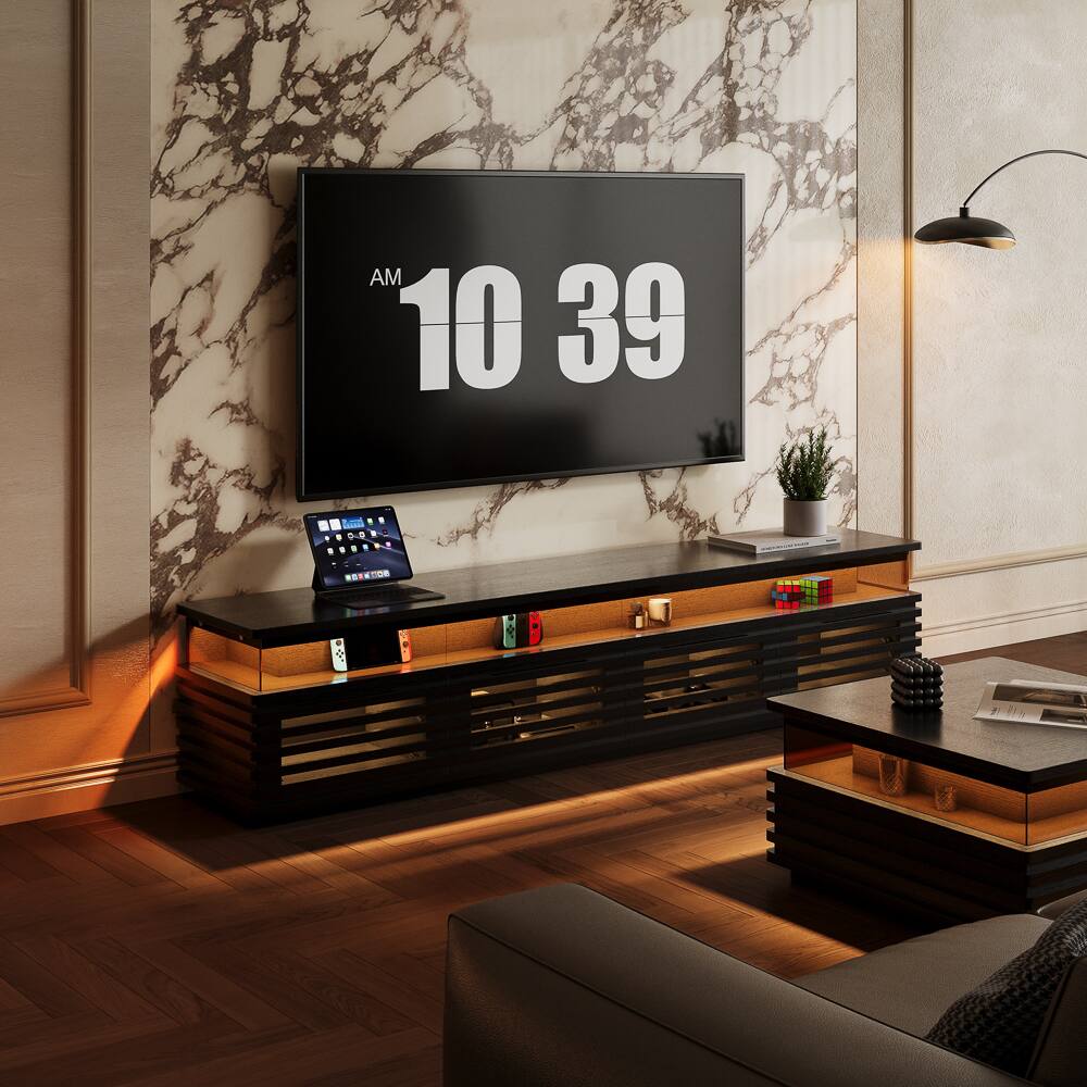 Back. POVISON - 71" Fully Assembled TV Stand with Adjustable LED Lights, Black Modern Media Console Fits 65 inch TVs, Ventilated Storage - Black.