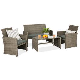 Best Choice Products - 4-Piece Outdoor Wicker Patio Conversation Furniture Set w/ Table, Cushions - Taupe/Slate Green