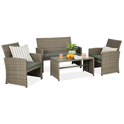 Front. Best Choice Products - Best Choice Products 4-Piece Outdoor Wicker Patio Conversation Furniture Set w/ Table, Cushions - Taupe/Slate Green - Taupe/Slate Green.