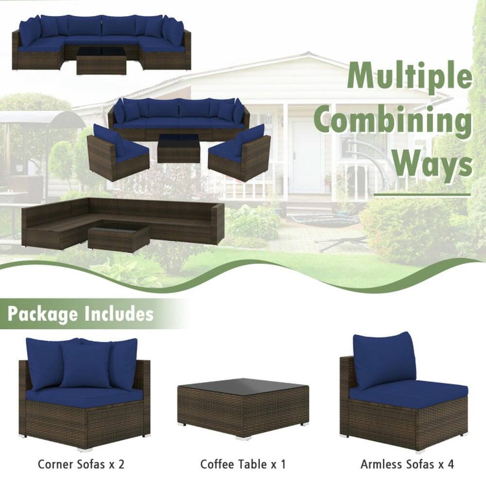 Multiple Combining Ways

Package Includes

Corner Sofas x 2  
Coffee Table x 1  
Armless Sofas x 4