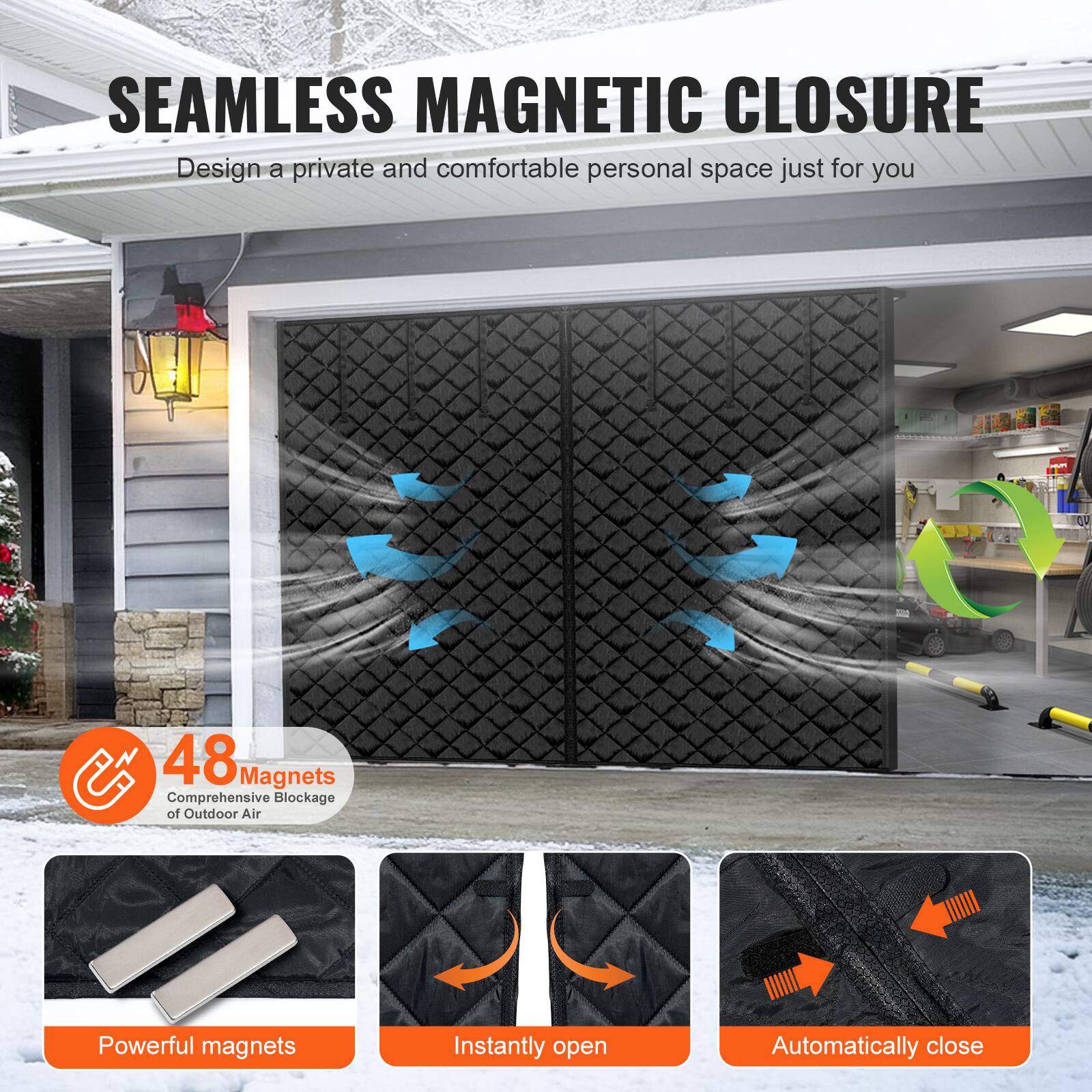 SEAMLESS MAGNETIC CLOSURE  
Design a private and comfortable personal space just for you  

48 Magnets  
Comprehensive Blockage of Outdoor Air  

Powerful magnets  
Instantly open  
Automatically close