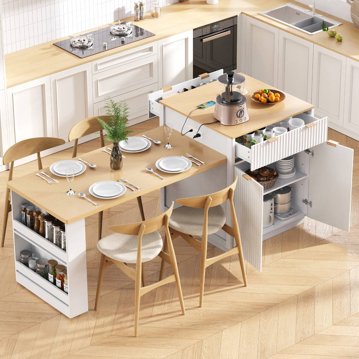Front. Loheer - White Fluted Kitchen Island with Extendable Dining Table, 82.6-Inch Rectangular Island with Power Outlet - White.