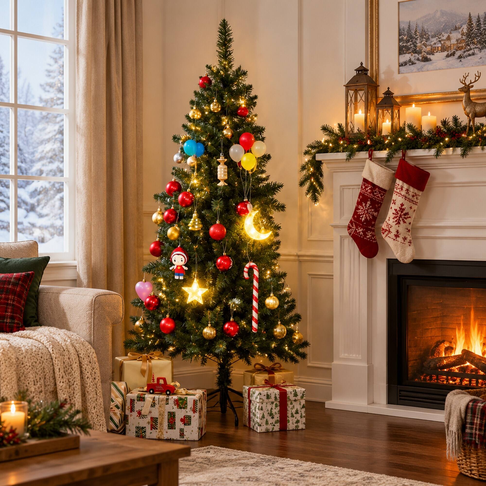 Left. RYHNUYNE - Artificial Half Christmas Tree With Auto Open and Steel Base for Indoor Decor - Green.