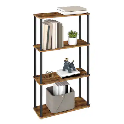 Front. Songmics Home - Superfast Toolless Assembly, 4-Tier Shelf for Living Room, Standing Shelf, Bookshelf, Bedroom, Kitchen - Rustic Brown and Ink Black.