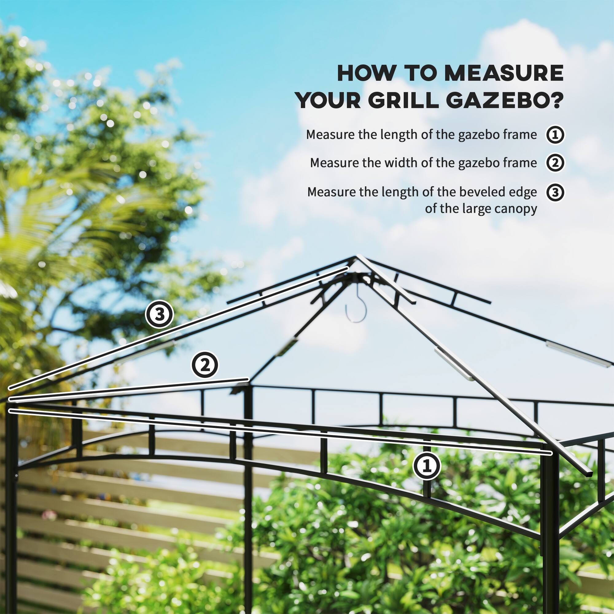 HOW TO MEASURE YOUR GRILL GAZEBO?

1. Measure the length of the gazebo frame
2. Measure the width of the gazebo frame
3. Measure the length of the beveled edge of the large canopy