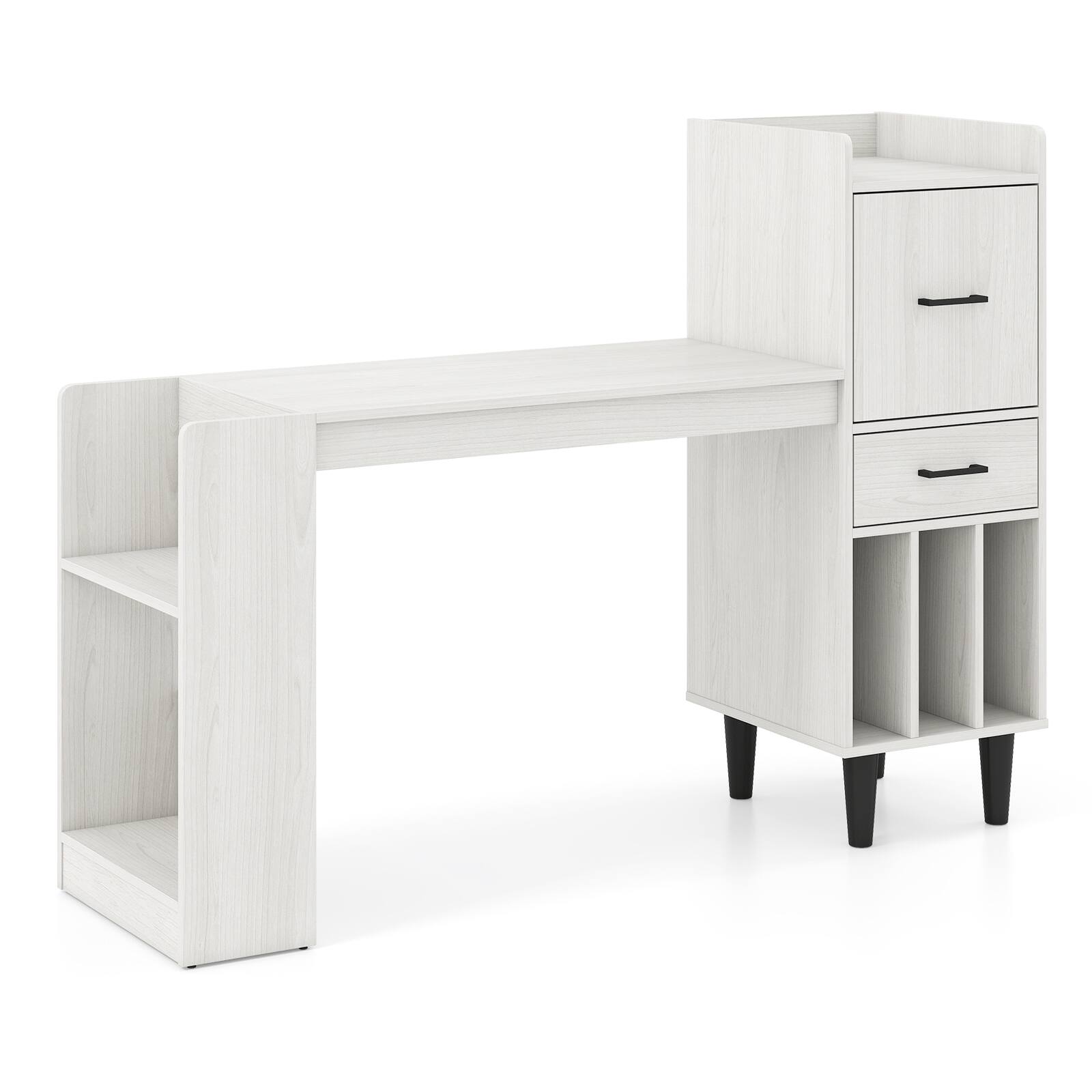 Alt View 9. Costway - Costway 59" Home Office Desk with Side Storage Shelves, Drawer, Cabinets, Vertical Cubbies - White Oak.