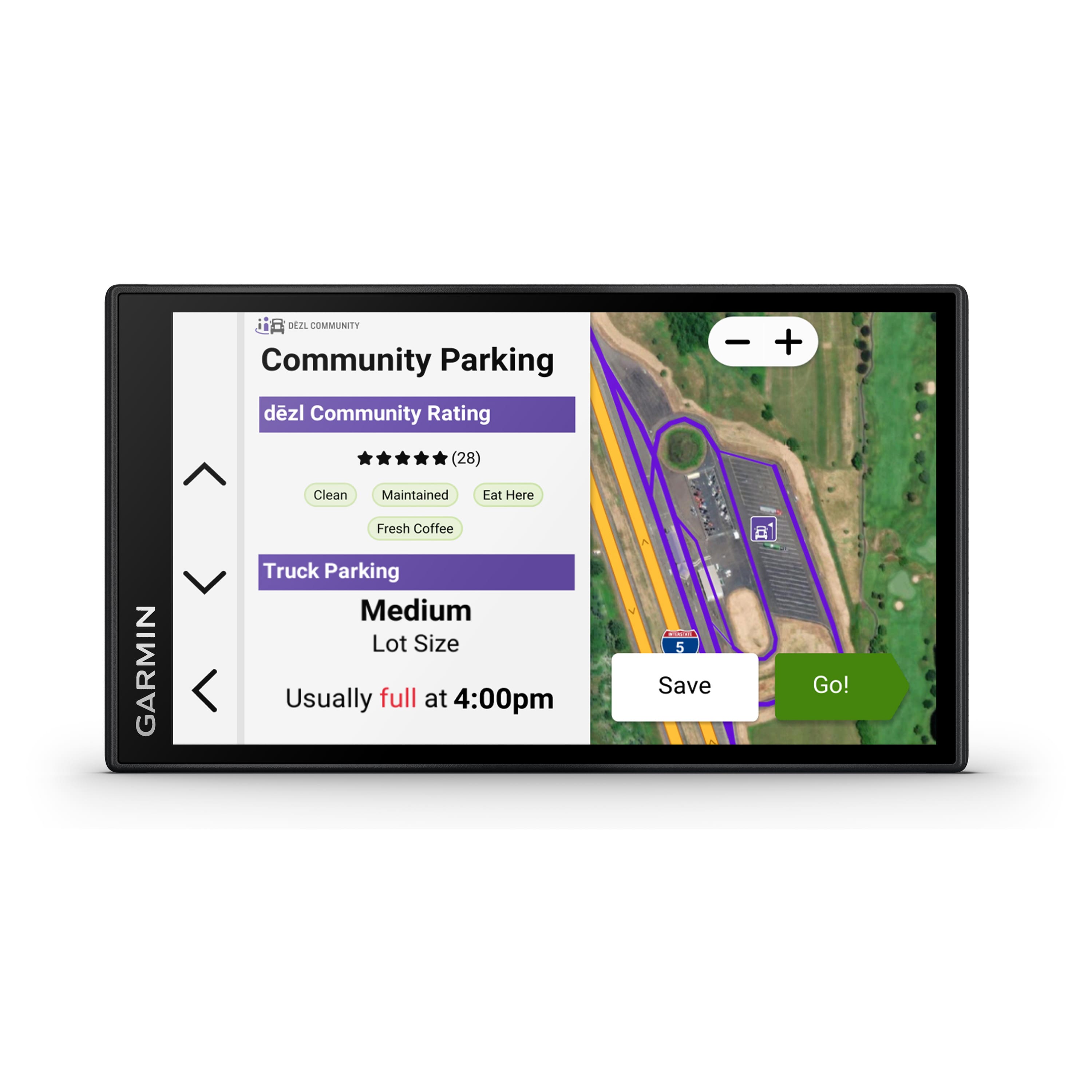 The text on the image is already grouped and correctly written. It reads:
"Community Parking - 28 community ratings (Clean, Maintained, Eat Here, Fresh Coffee, Truck Parking, Medium Lot Size, Usually full at 4:00pm, Save B Go!)"