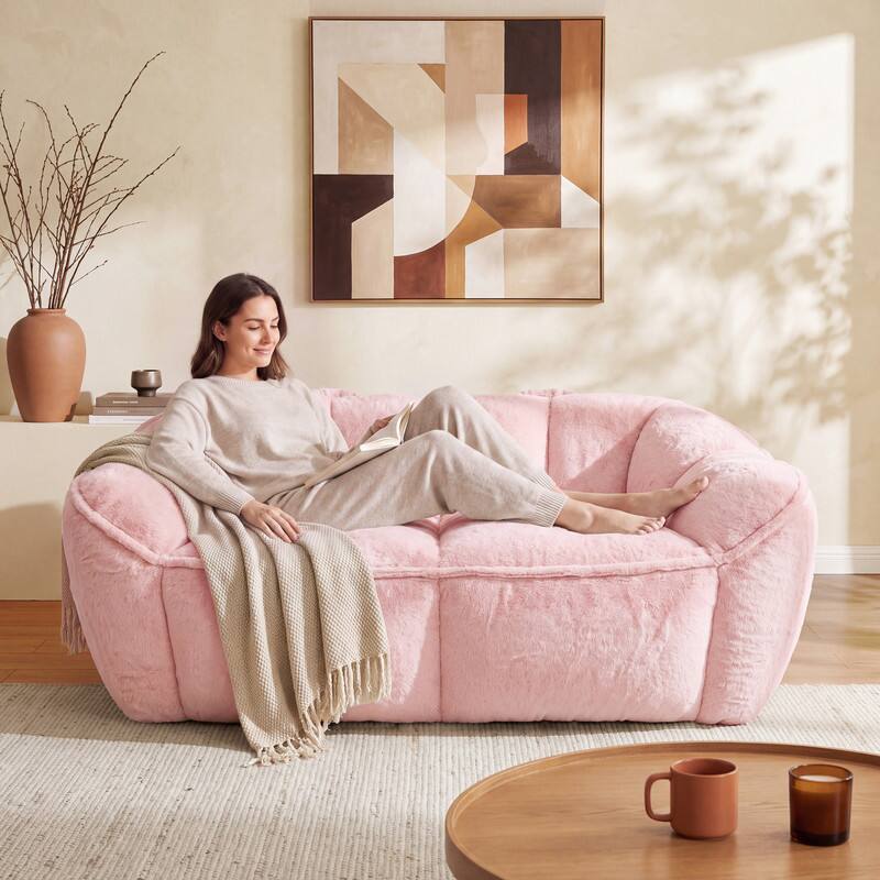 Back. Vipbear - 65" Faux Fur Bean Bag Couch, 2 Seat Loveseat Sofa, Ultra Soft Floor Sofa with Memory Foam Filled for Living Room/Bedroom - pink.