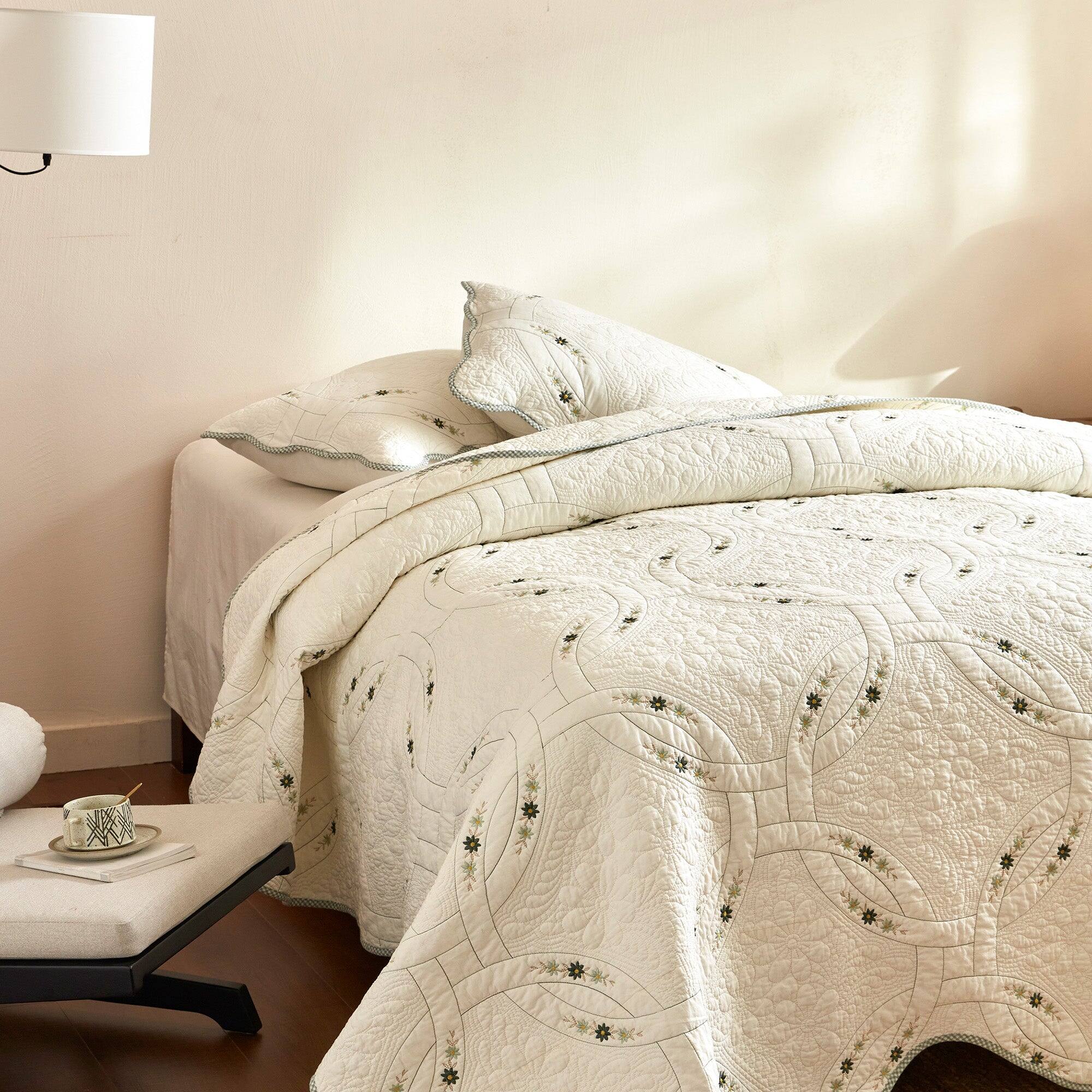 Alt View 4. MarCielo - Marcielo 3 Pieces Cotton French Country Quilt Bedspread Set Floral Embroidery - White.