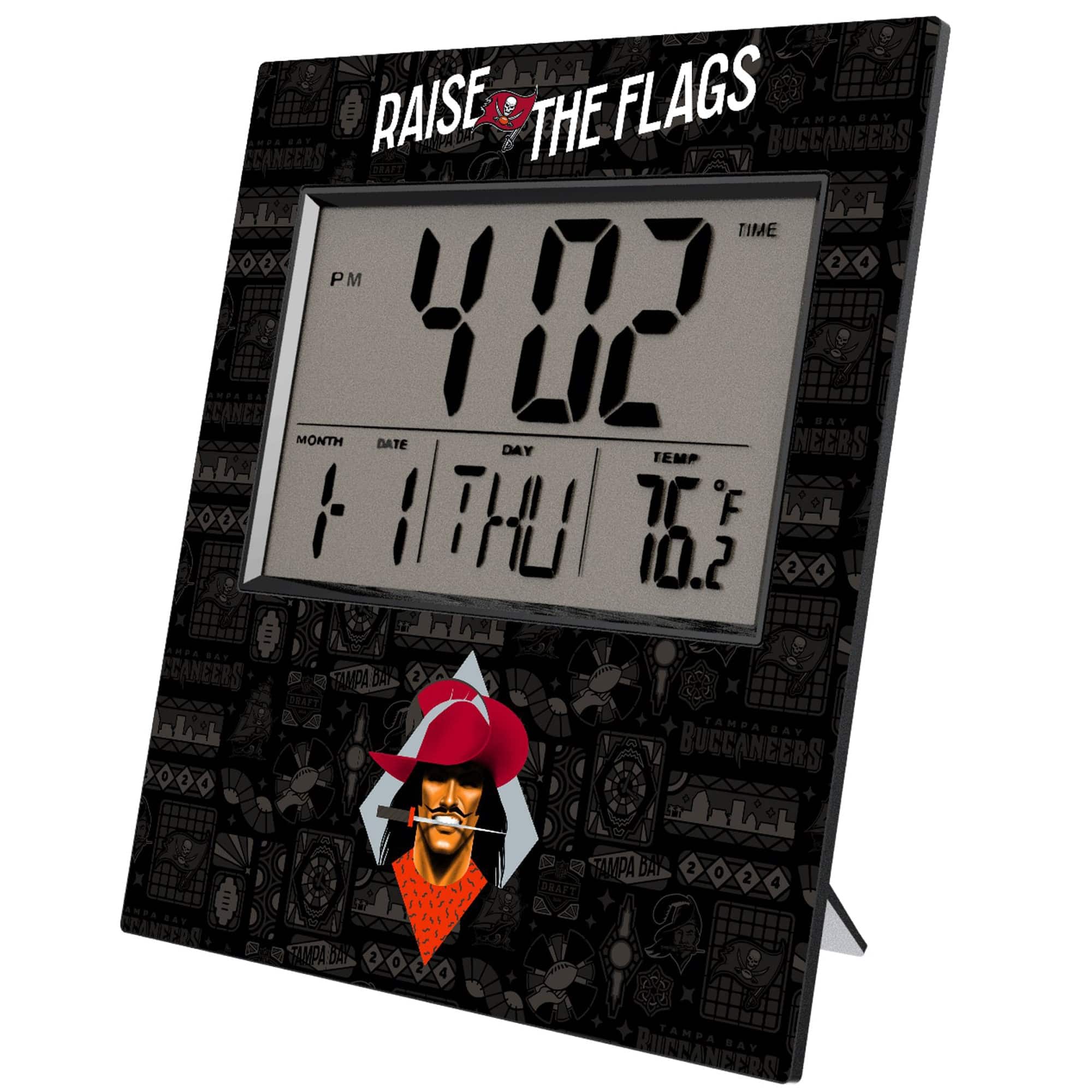 RAISE THE FLAGS  
TAMPA BAY BUCCANEERS  

TIME: 4:02 PM  
MONTH: 1  
DATE: 11  
DAY: THU  
TEMP: 76°F  

TAMPA BAY BUCCANEERS