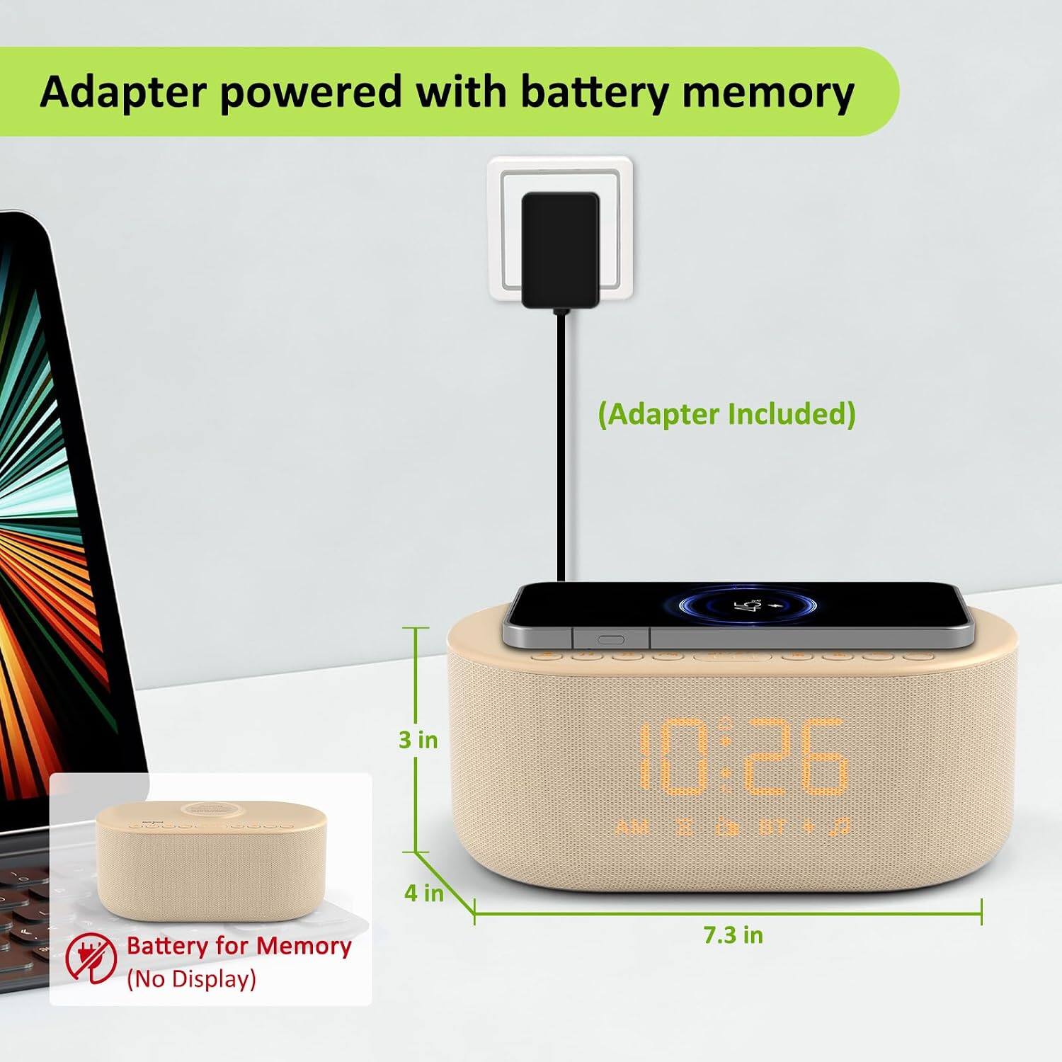 Adapter powered with battery memory  
(Adapters Included)  

3 in  
4 in  
7.3 in  

Battery for Memory (No Display)
