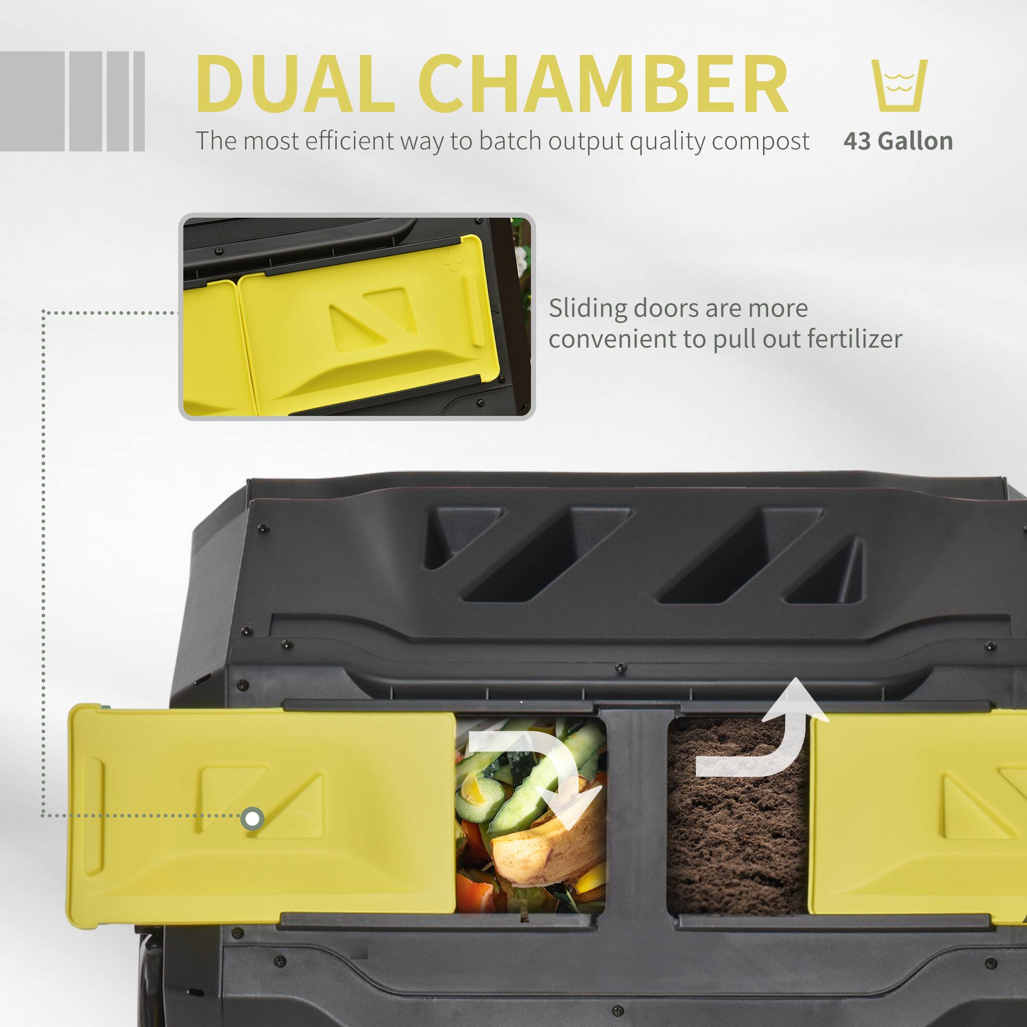 DUAL CHAMBER
The most efficient way to batch output quality compost
43 Gallon
Sliding doors are more convenient to pull out fertilizer