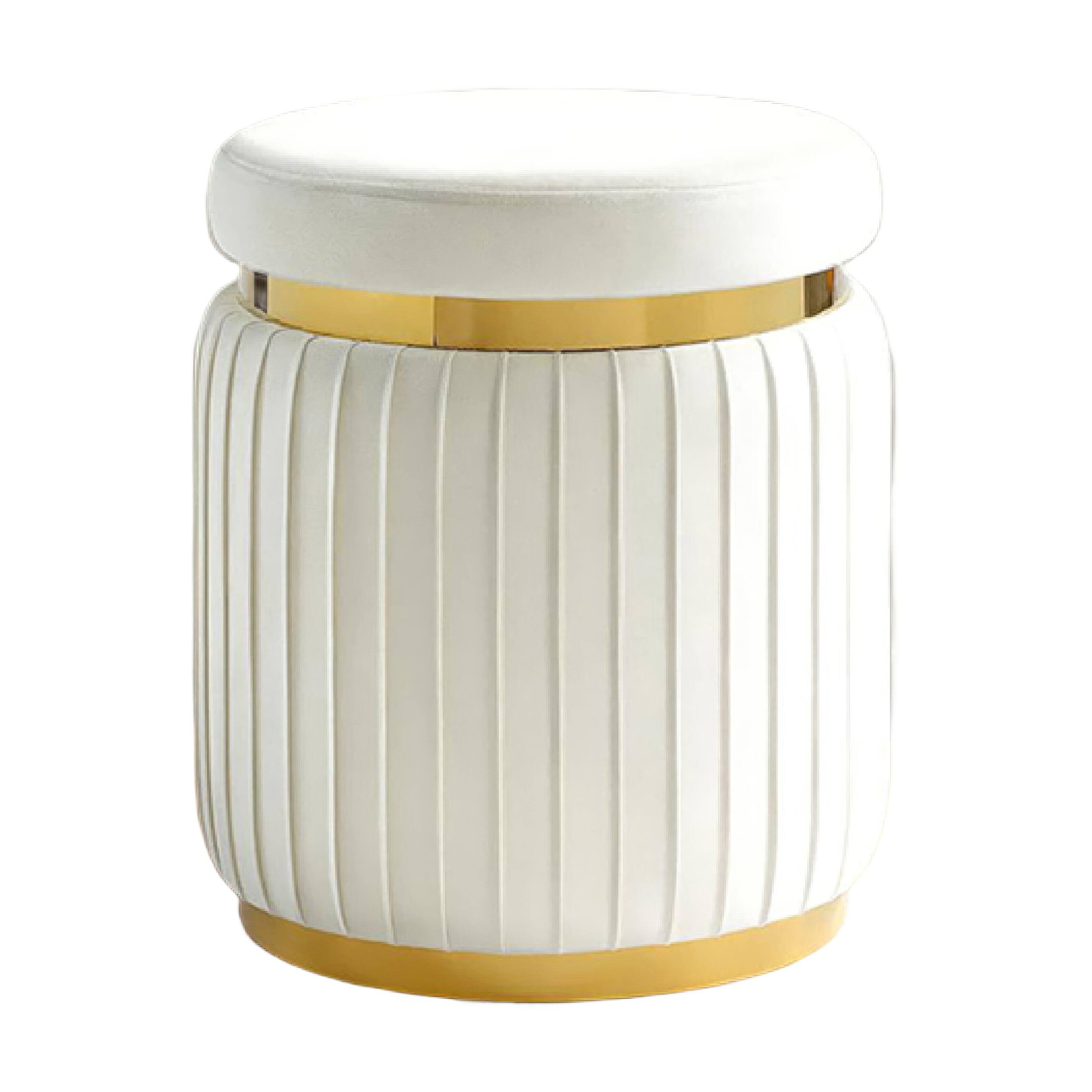 Front. Manhattan Lane - Karie Ottoman Stool,  Trim, Vertical Channel Design,  Fabric - White, Gold.