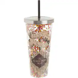 Spoontiques - Harry Potter Marauders Map Double Walled Insulated Acrylic Tumbler Glitter Cup with Straw 20 ounce - Multicolor