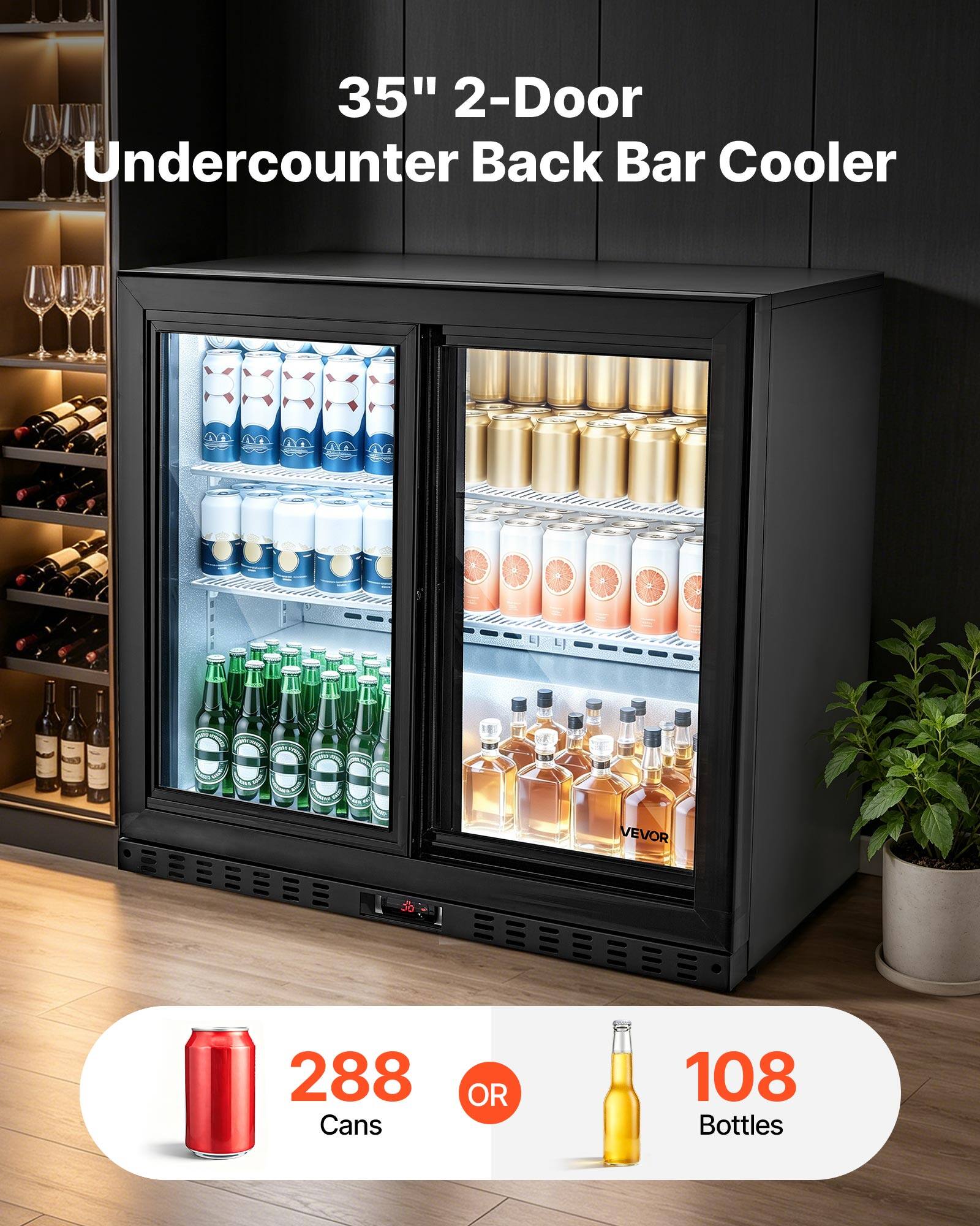35" 2-Door Undercounter Back Bar Cooler  
VEVOR  
288 Cans OR 108 Bottles