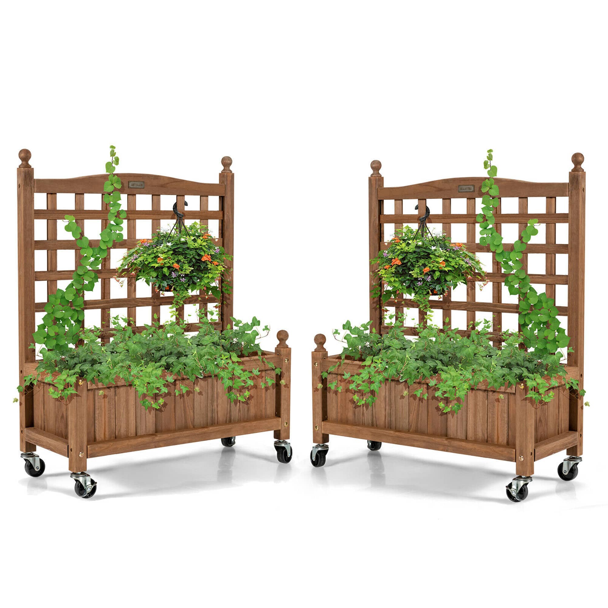 Gymax - 2PC 32in Wood Planter Box w/Trellis Mobile Raised Bed for Climbing Plant - Natural