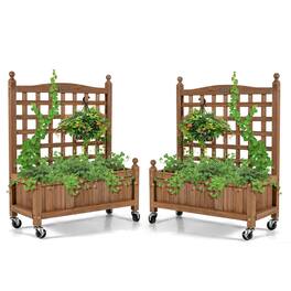 Gymax - 2PC 32in Wood Planter Box w/Trellis Mobile Raised Bed for Climbing Plant - Natural