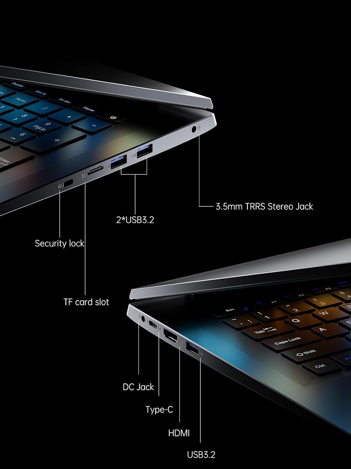 - Security lock
- TF card slot
- 2*USB3.2
- 3.5mm TRRS Stereo Jack
- DC Jack
- Type-C
- HDMI
- USB3.2