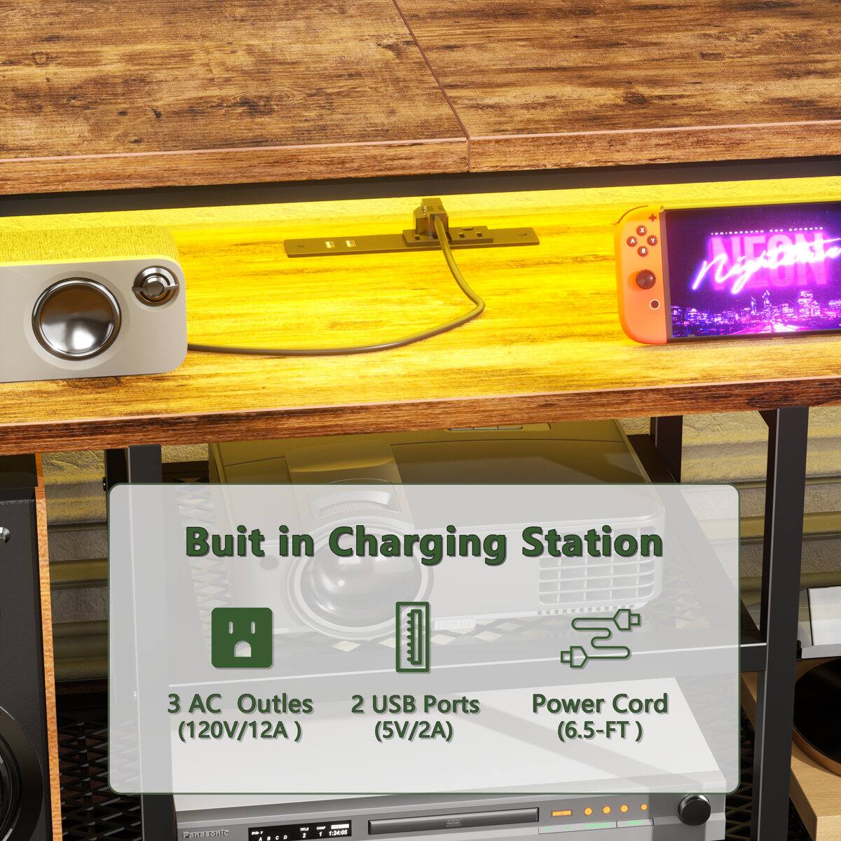 A Built in Charging Station 3 AC Outlets (120V/12A) 2 USB Ports (5V/2A) Power Cord (6.5-FT)