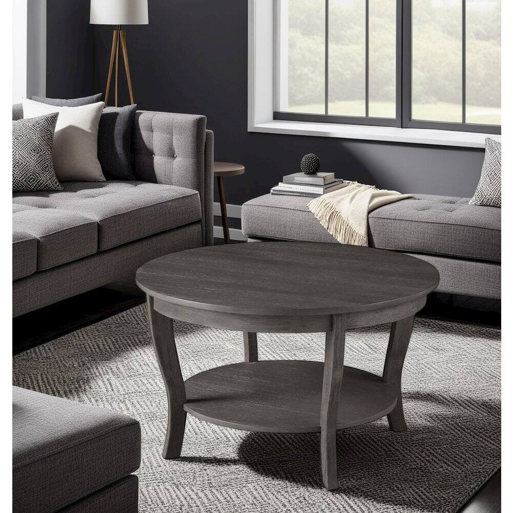 Back. FurniFact - Gray Round Coffee Table with Shelf and Modern Design for Living Room - Wirebrush Dark Gray.