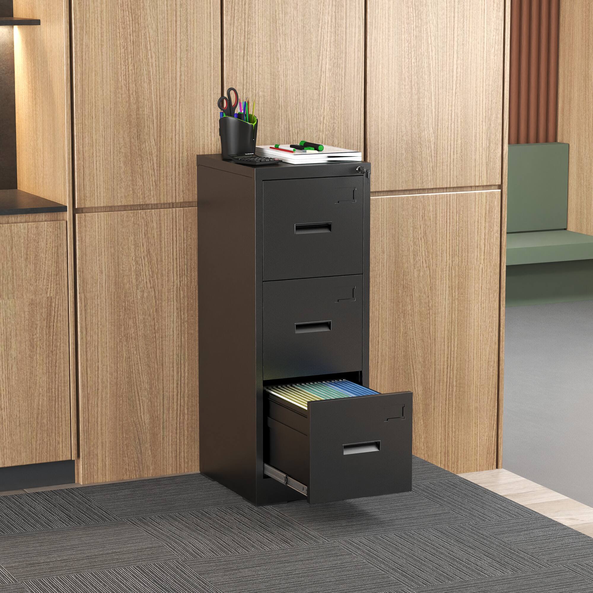 Alt View 8. Ecooso - 3 Drawer Vertical File Cabinet with Lock, Metal Office File Cabinet with Card Slot for Letter Legal A4 Files - Black.