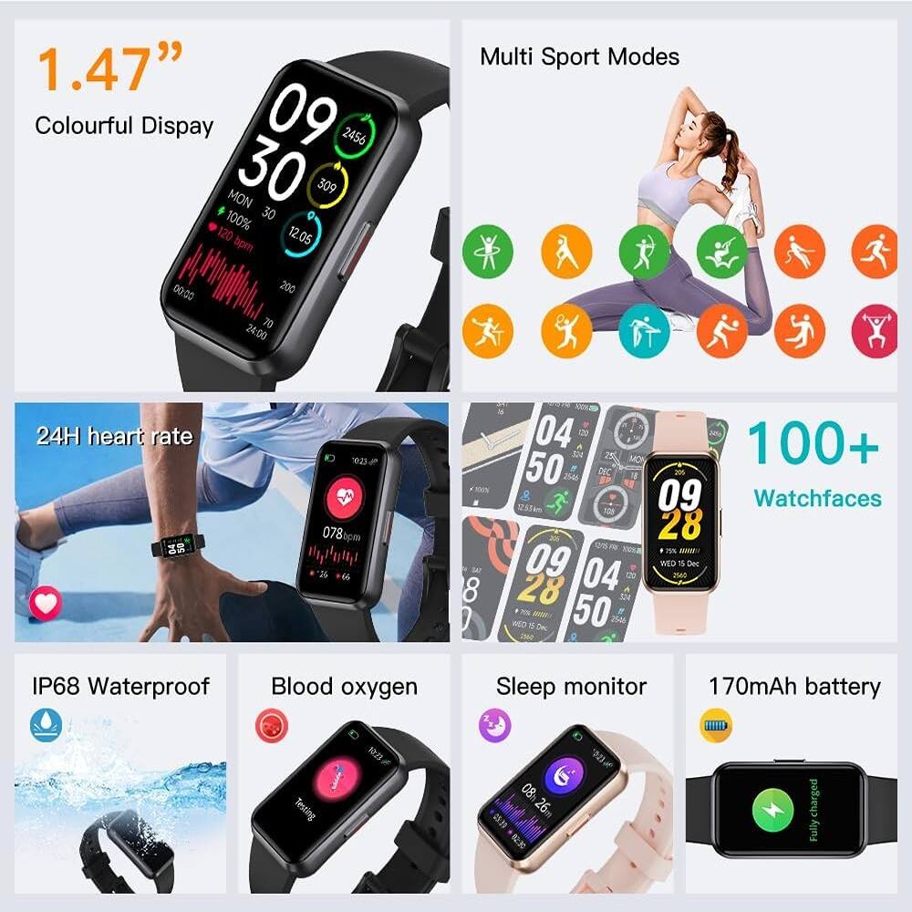 1.47" Colourful Display

- 09 30
- 2456
- MON 30 309
- 100%
- 120 bpm
- 12.05
- 00:00
- 70
- 200
- 24:00

Multi Sport Modes

24H heart rate

100+ Watchfaces

IP68 Waterproof

Blood oxygen

Sleep monitor

170mAh battery

Fully charged
