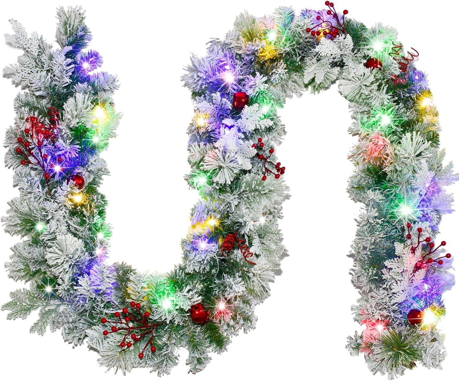 Wikistore - 9FT Battery Powered Christmas Garland with 50 LED Lights 9 Modes Red Berry Pine Cone - Green