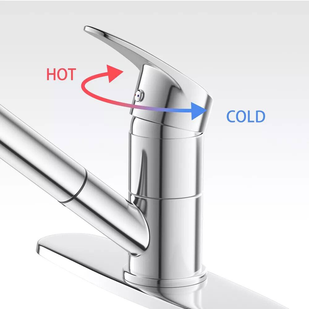 The text in the image indicates the directions for hot and cold water on a faucet. The red arrow points to the right and is labeled "HOT," while the blue arrow points to the left and is labeled "COLD."