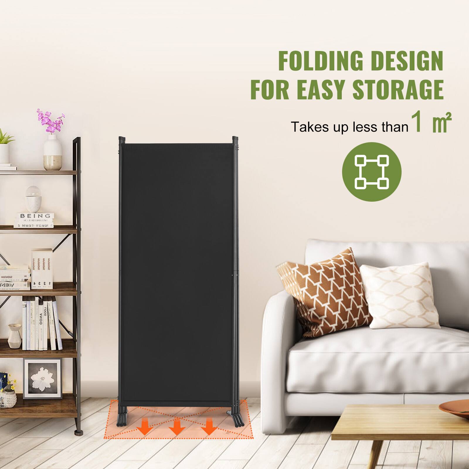 FOLDING DESIGN FOR EASY STORAGE
Takes up less than 1 m²
BEING
5 MUST READ
VO.  - VHIN
- -  m
CORA