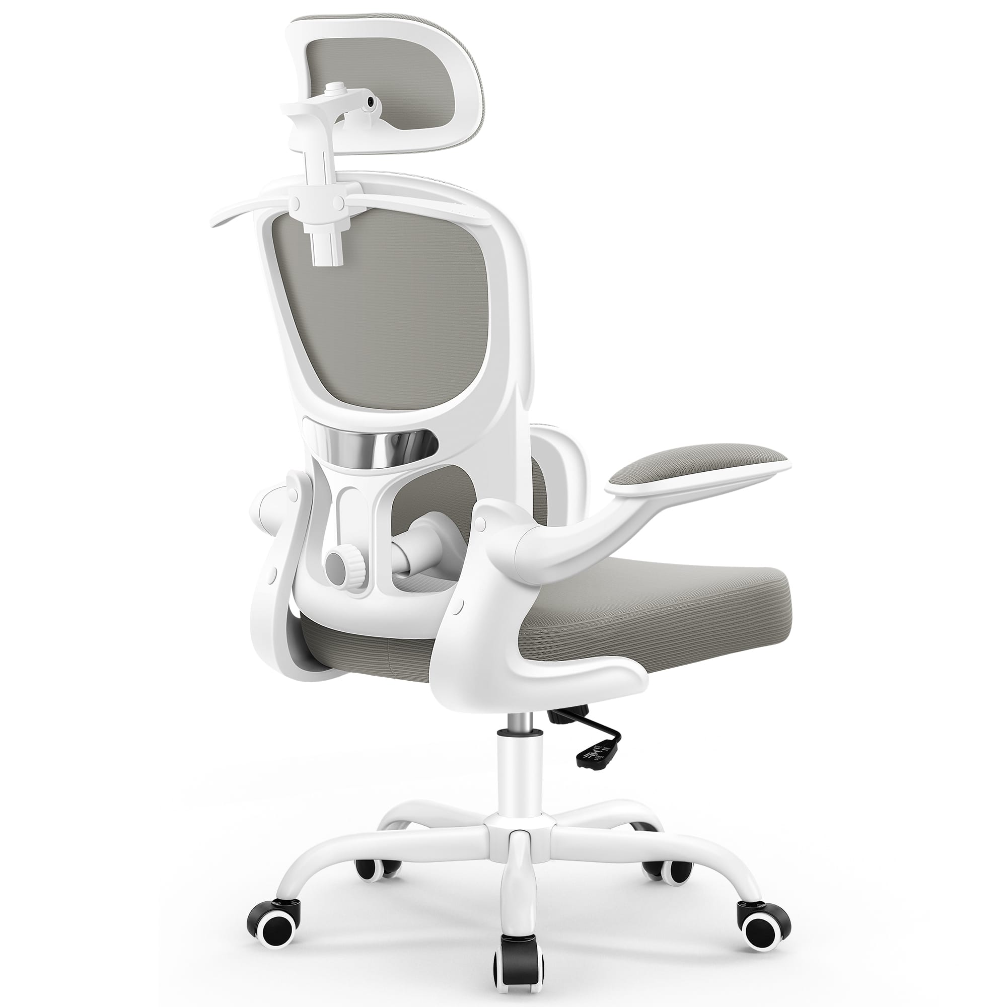 Brick Attic - Ergonomic Office Chair with Adjustable Headrest and Flip-Up Arms, High Back Mesh Desk Chair with Lumbar Support - Light Gray