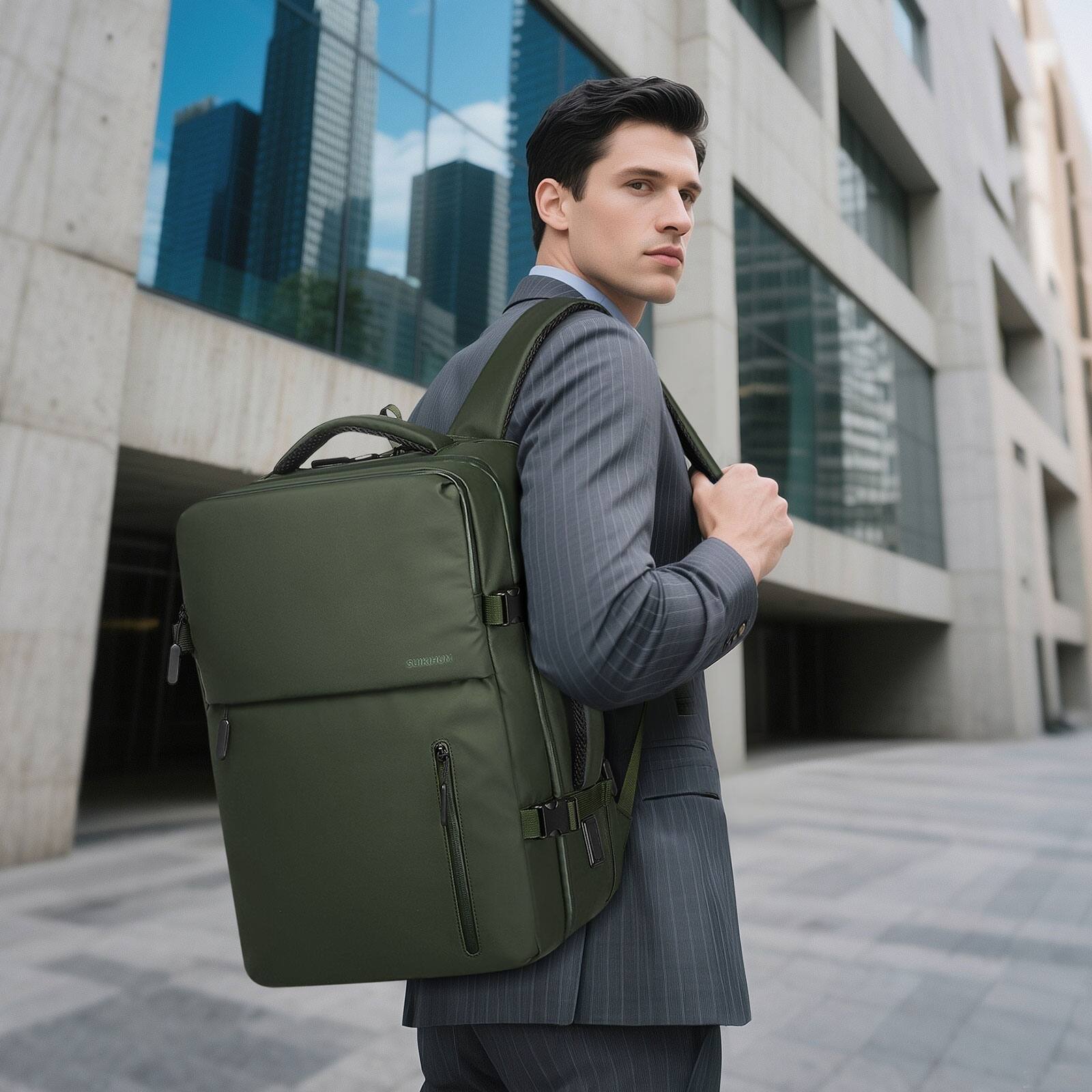 Alt View 1. Unique Bargains - Lay Flat Carry on Travel Backpack, 30L Airline Approved, Fits 16" Laptop, USB-C & USB-A, Water Resistant - Green.