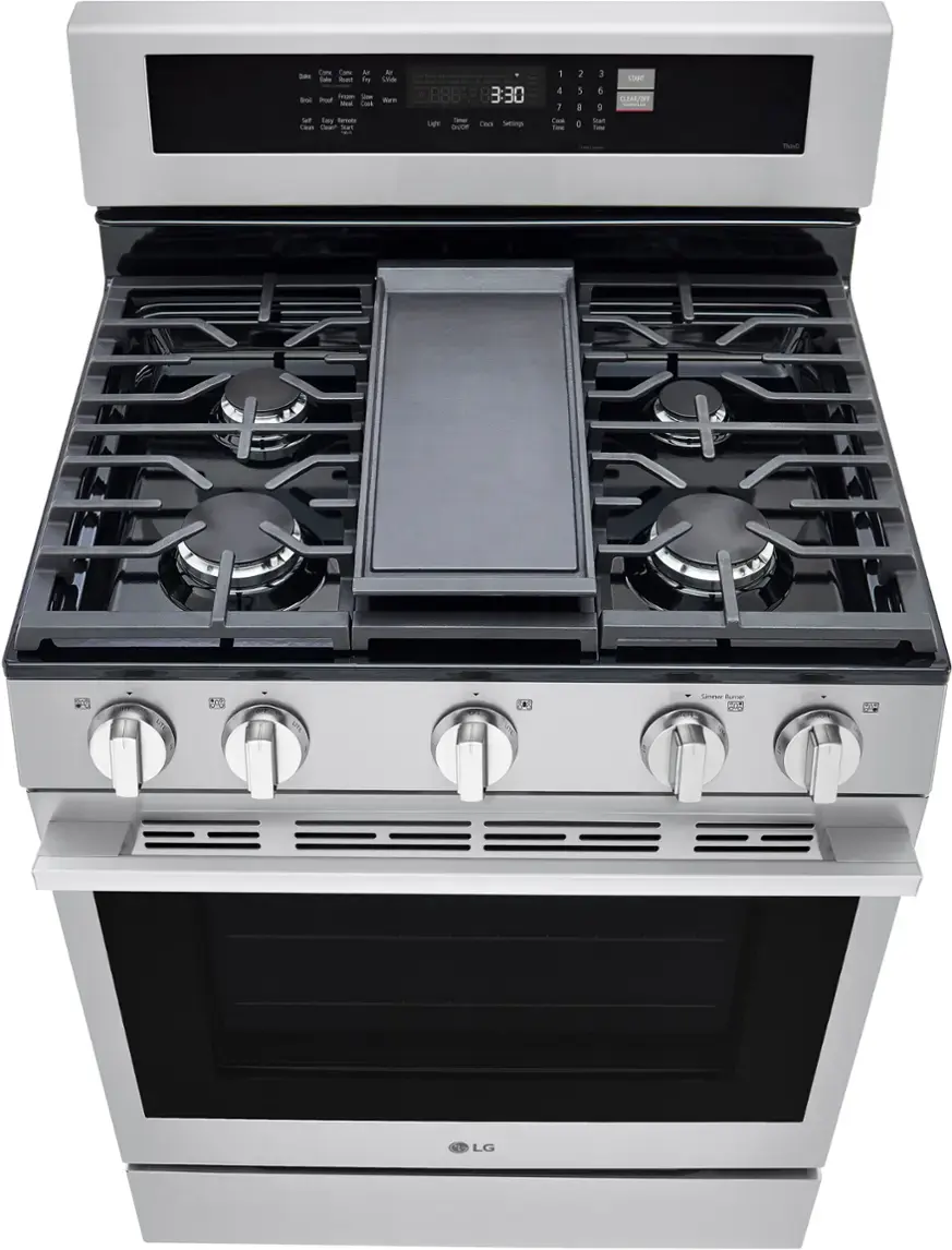 The image shows a stainless steel oven with a digital display showing the time of 3:30. The oven has a black stove top and four burners. The oven is made by LG and is a model number LGH1230.