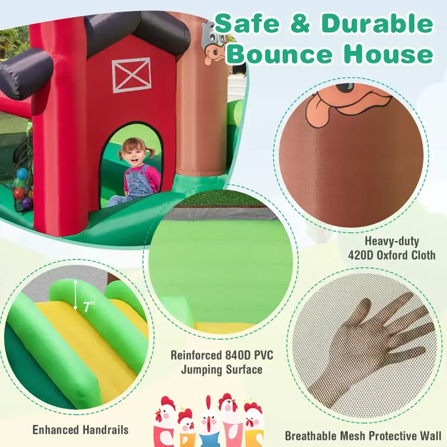 Safe & Durable Bounce House: Heavy-duty 420D Oxford Cloth, 7" Reinforced 840D PVC Jumping Surface, Enhanced Handrails, Breathable Mesh Protective Wall.