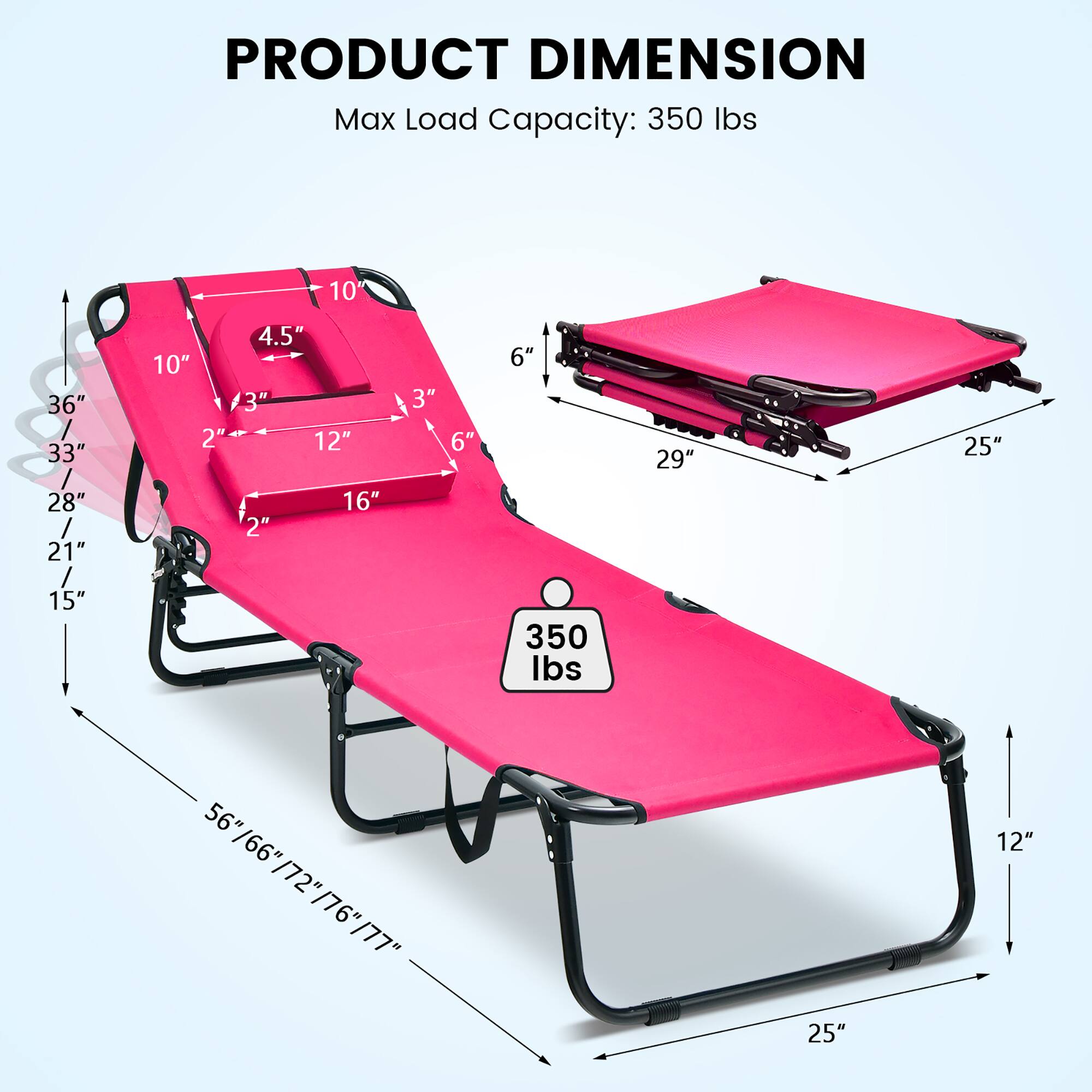 PRODUCT DIMENSION
Max Load Capacity: 350 lbs

36" / 33" / 28" / 21" / 10" / 2" / 10" / 4.5" / 3" / 12" / 16" / 2" / 3" / 6" / 6" / 29" / 25" / 15" / 350 lbs / 66" / 56" / 66" / 72" / 76" / 77" / 72" / 76" / 77" / 25" / 12"