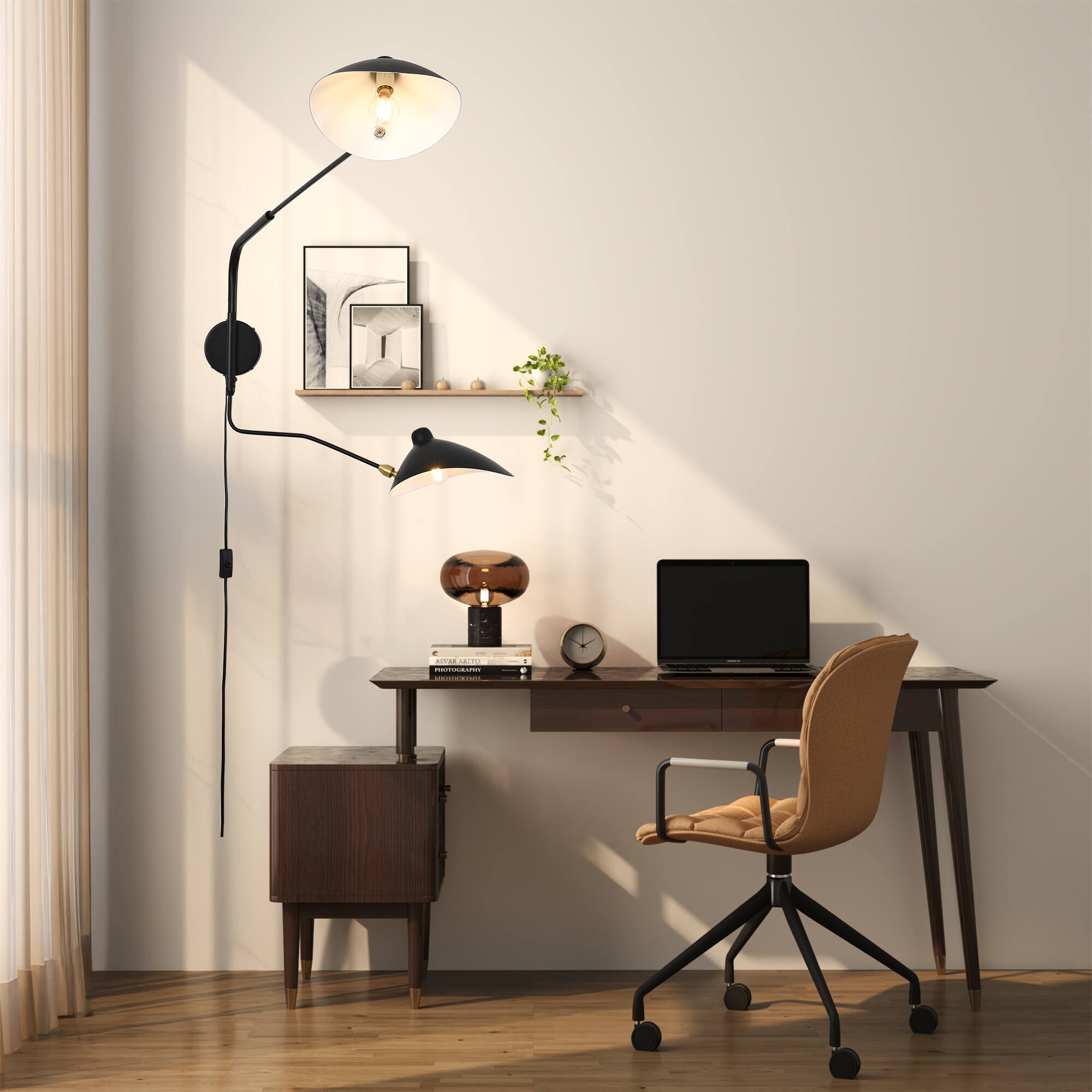 Angle. RYHNUYNE - Modern Swing Arm Wall Sconce 2-Light Adjustable Plug in Wall Lamp with On/Off Switch Dimmable Sconces - Black.