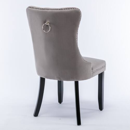Left. LUCKY ONE - Assembled Tufted Velvet Dining Chair Set of 2 with Wood Legs Nailhead Trim High Back - Gray.