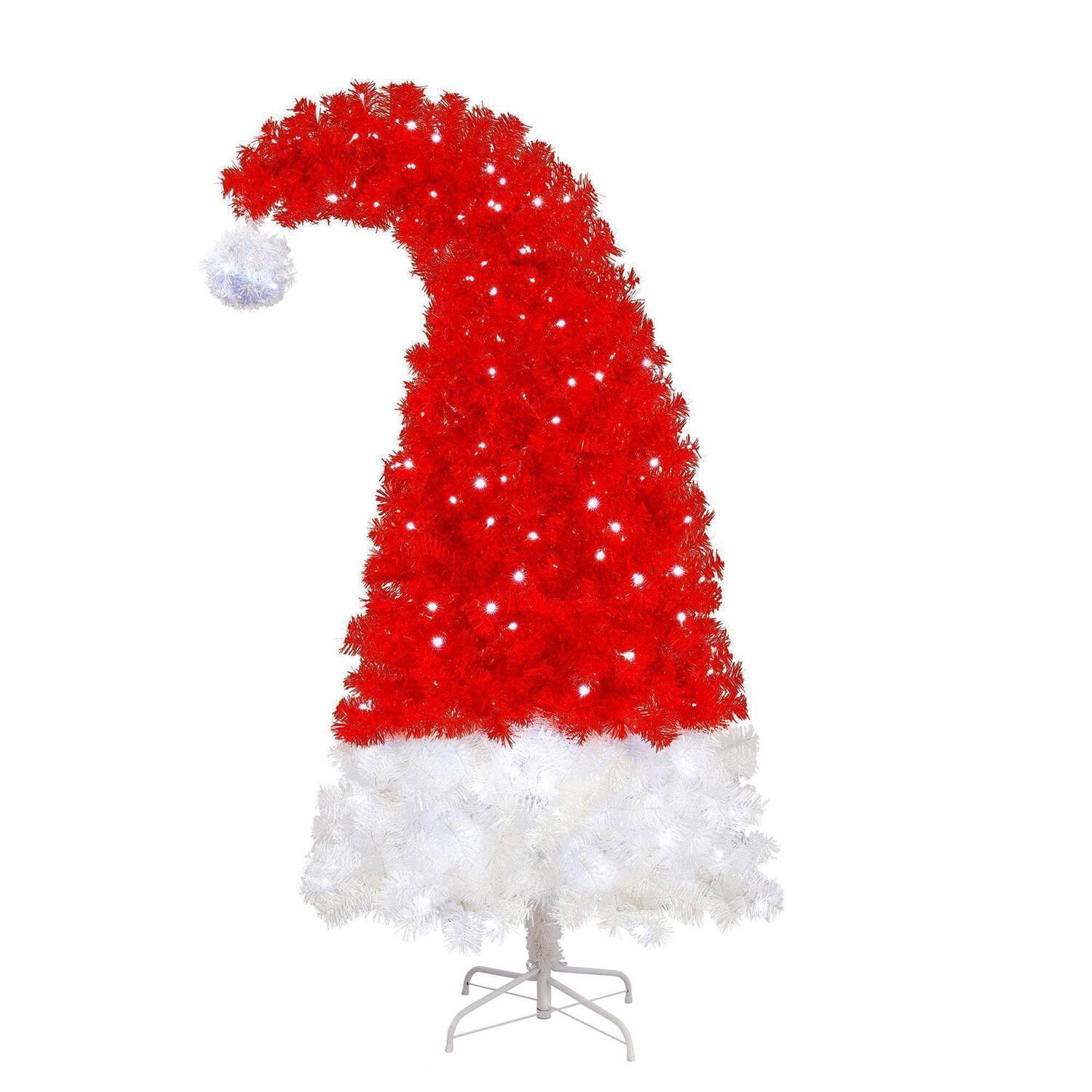 Angle. Pefilos - 6ft Artificial Christmas Tree with LED Lights & 1050 Tips, Curved Xmas Tree with Santa Hat Shape for Festive Holiday - Red.