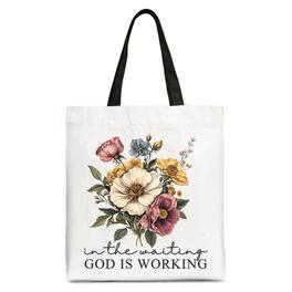 OrnamentallyYou - In the Waiting God Is Working Floral Christian Tote Bag, Vintage Wildflower Faith Gift Shopper - White Black