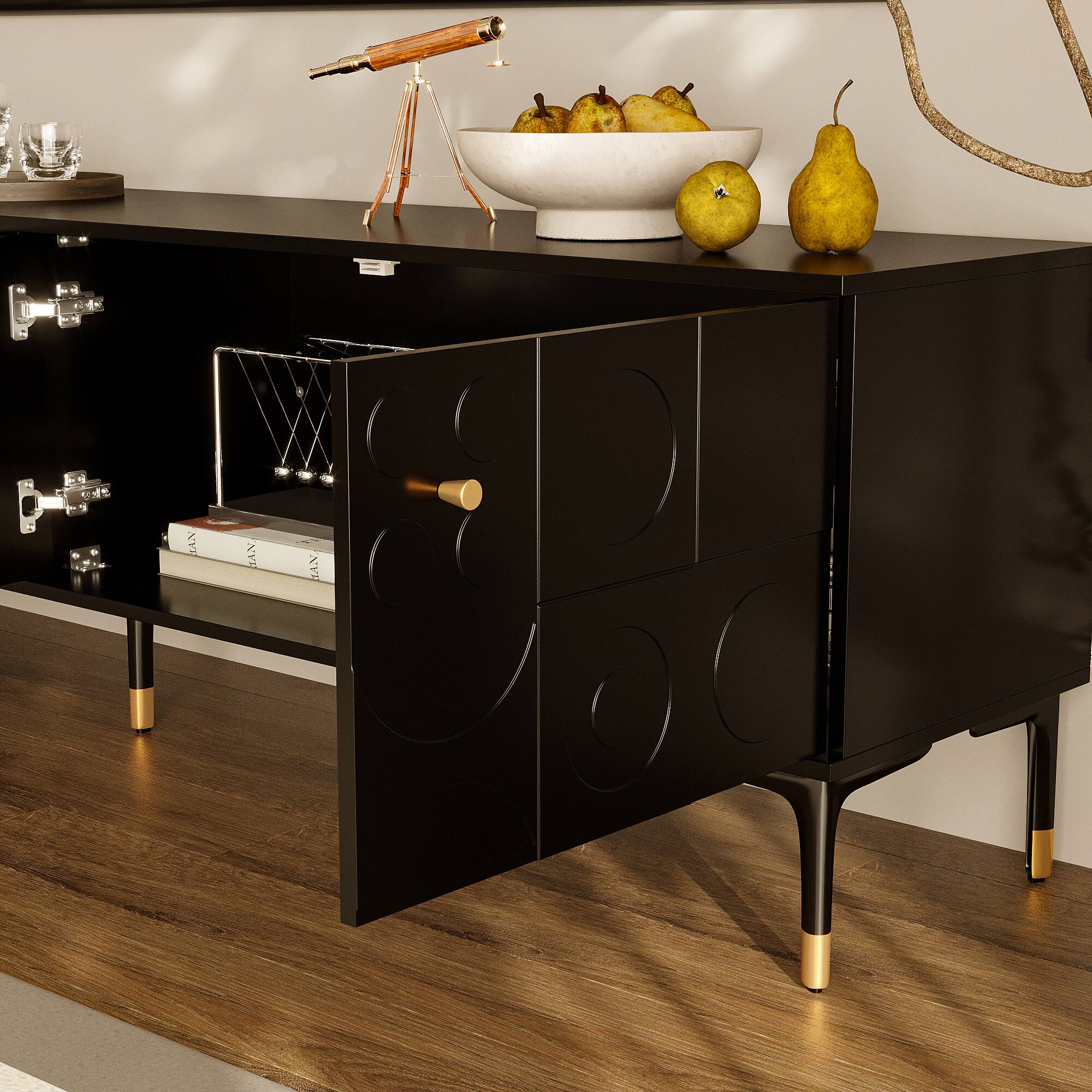 Alt View 6. Famapy - Famapy Retro - Modern TV Stand: Press - Open Doors & Patterned Flair - Black.