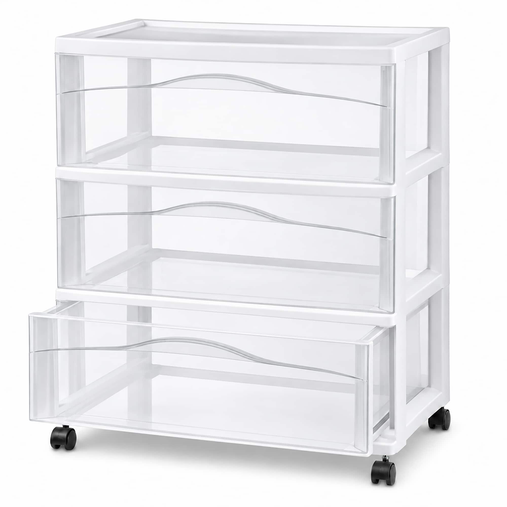 Sterilite - Wide 3 Drawer Storage Cart, Plastic Rolling Organizer, Frame - White