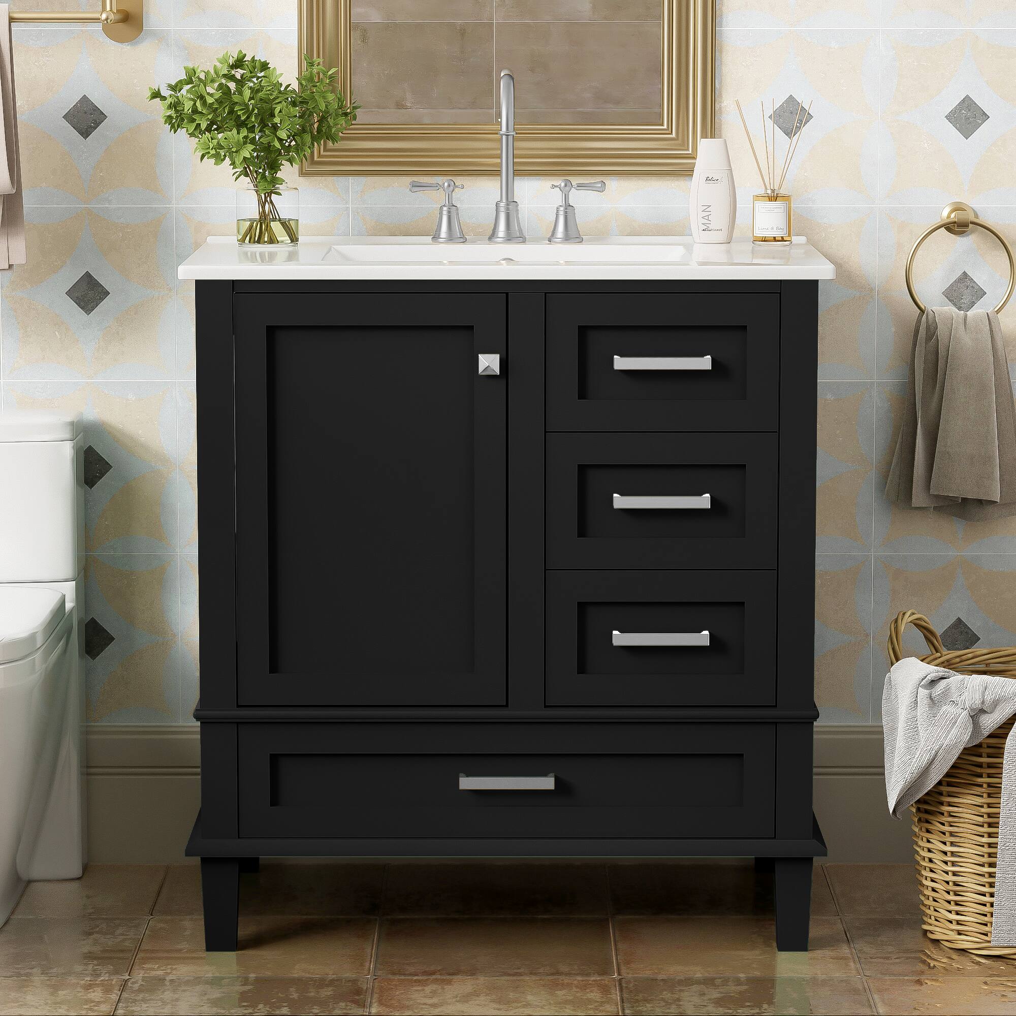 Alt View 9. Glintex - 30" Bathroom Vanity with Sink, Modern Cabinet Set, 3 Drawers, Soft-Close Door, Solid Wood Frame - Black.