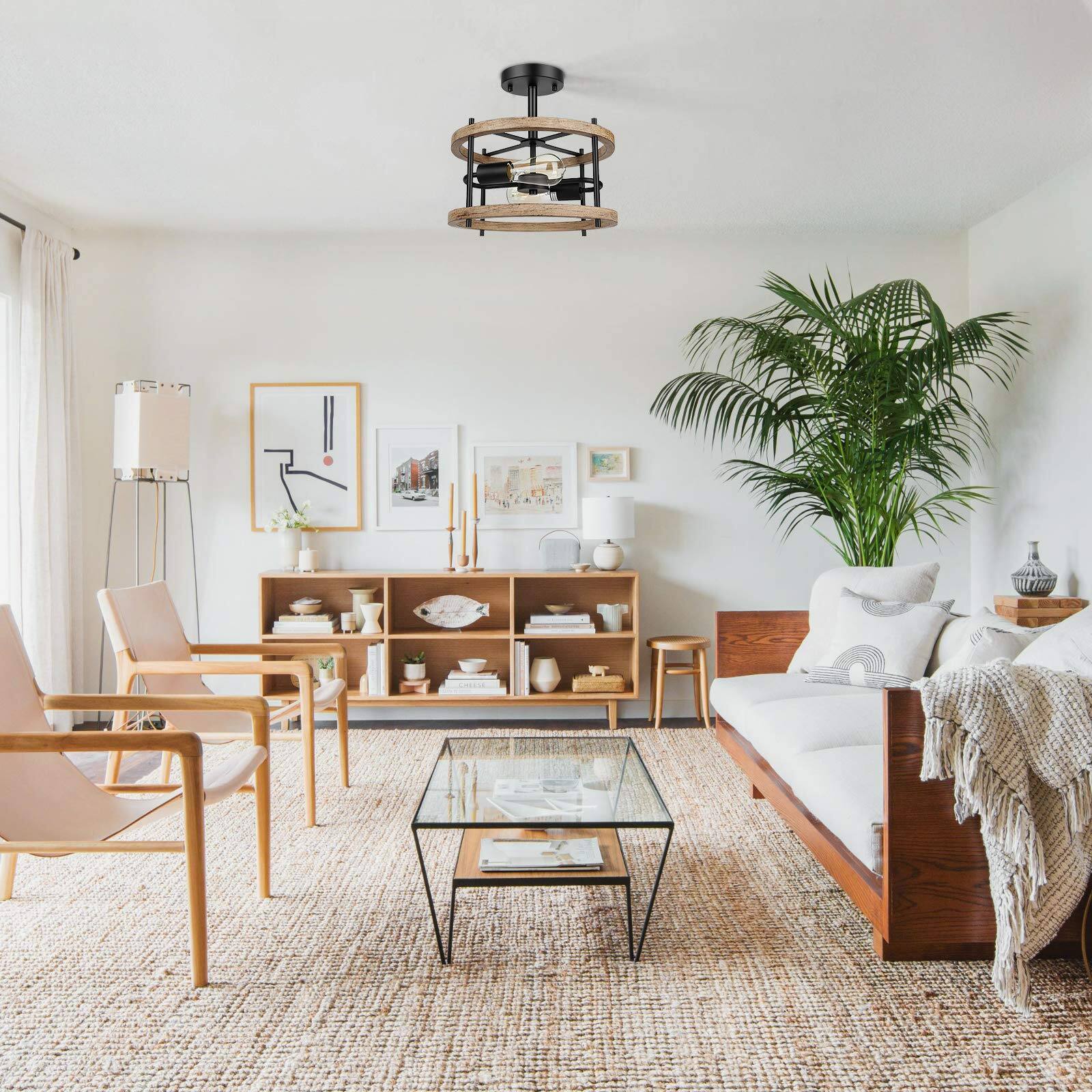 Back. Nordic Hygge - 2Light Retro Semi Flush Mount Ceiling Light Fixture Rustic Vintage Wood.