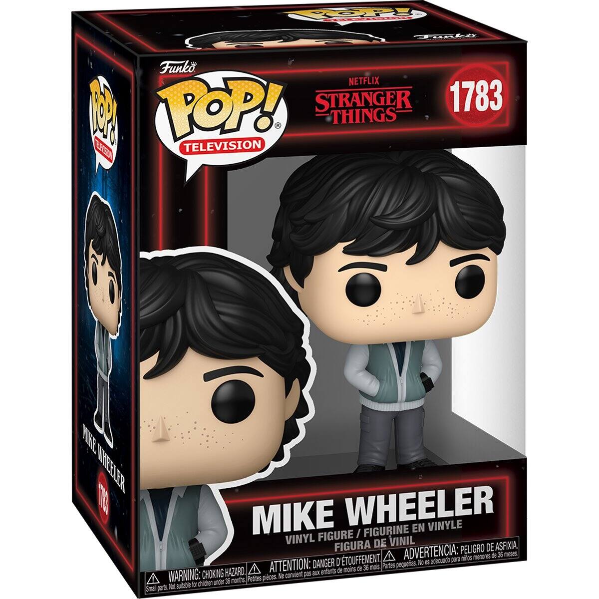 Sure, here is the corrected and grouped text from the image:

---

**Top Left:**
- Funko POP!
- TELEVISION

**Top Center:**
- NETFLIX
- STRANGER THINGS
- 1783

**Center:**
- MIKE WHEELER
- VINYL FIGURE / FIGURINE EN VINYLE
- FIGURA DE VINIL
- FIGURA DE VINIL

**Bottom Left:**
- WARNING: CHOKING HAZARD - Small parts. Not suitable for children under 36 months.
- ATTENTION: PELIGRO DE ASFIXIA - Piezas pequeñas. No es adecuado para niños menores de 36 meses.
- ADVERTENCIA: PELEIGRO DE ASFIXIA - Partes pequeñas. No es adecuado para niños menores de 36 meses.

**Bottom Center:**
- MIKE WHEELER

**Bottom Right:**
- Funko

---
