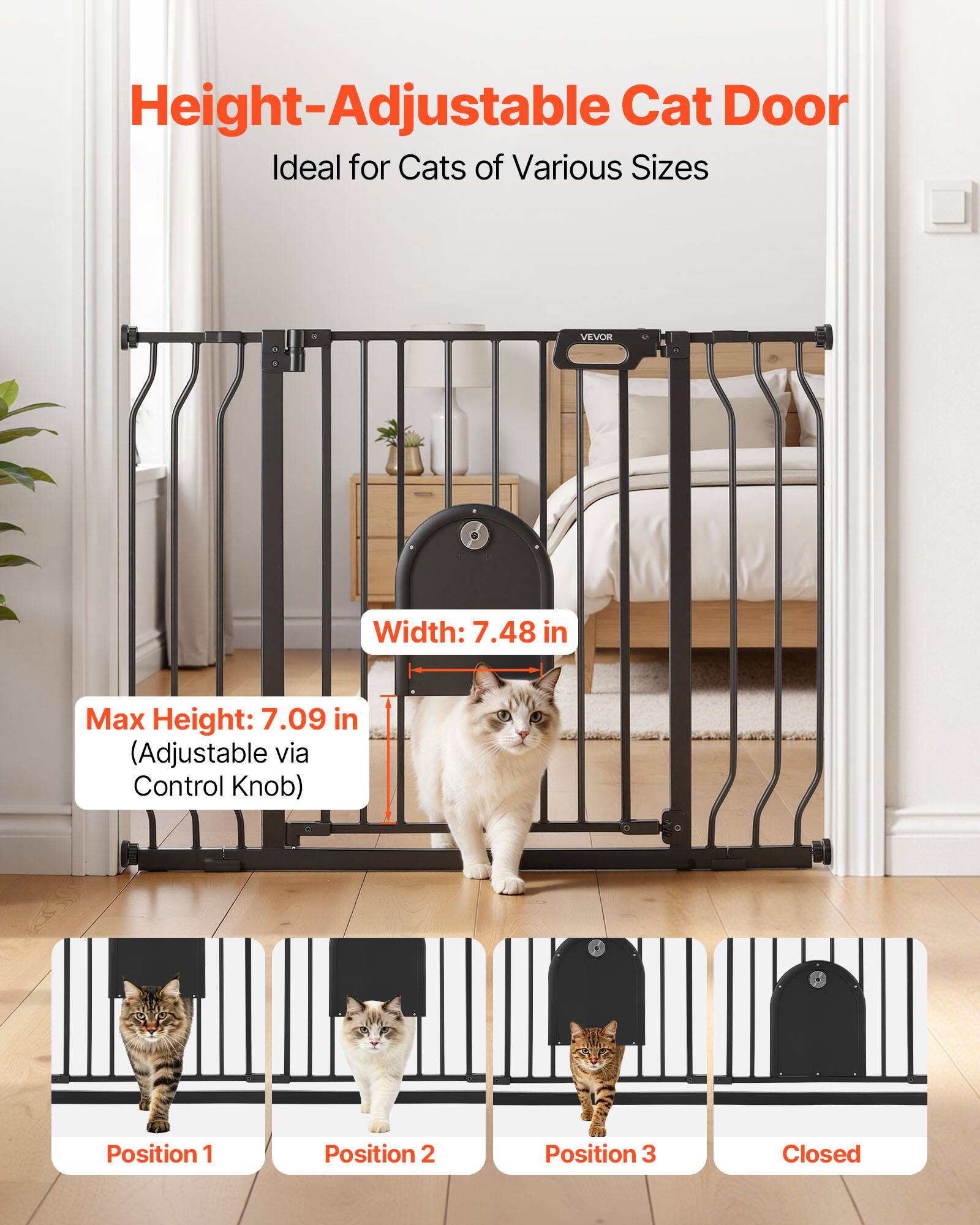 Height-Adjustable Cat Door  
Ideal for Cats of Various Sizes  

Width: 7.48 in  
Max Height: 7.09 in (Adjustable via Control Knob)  

Position 1  
Position 2  
Position 3  
Closed