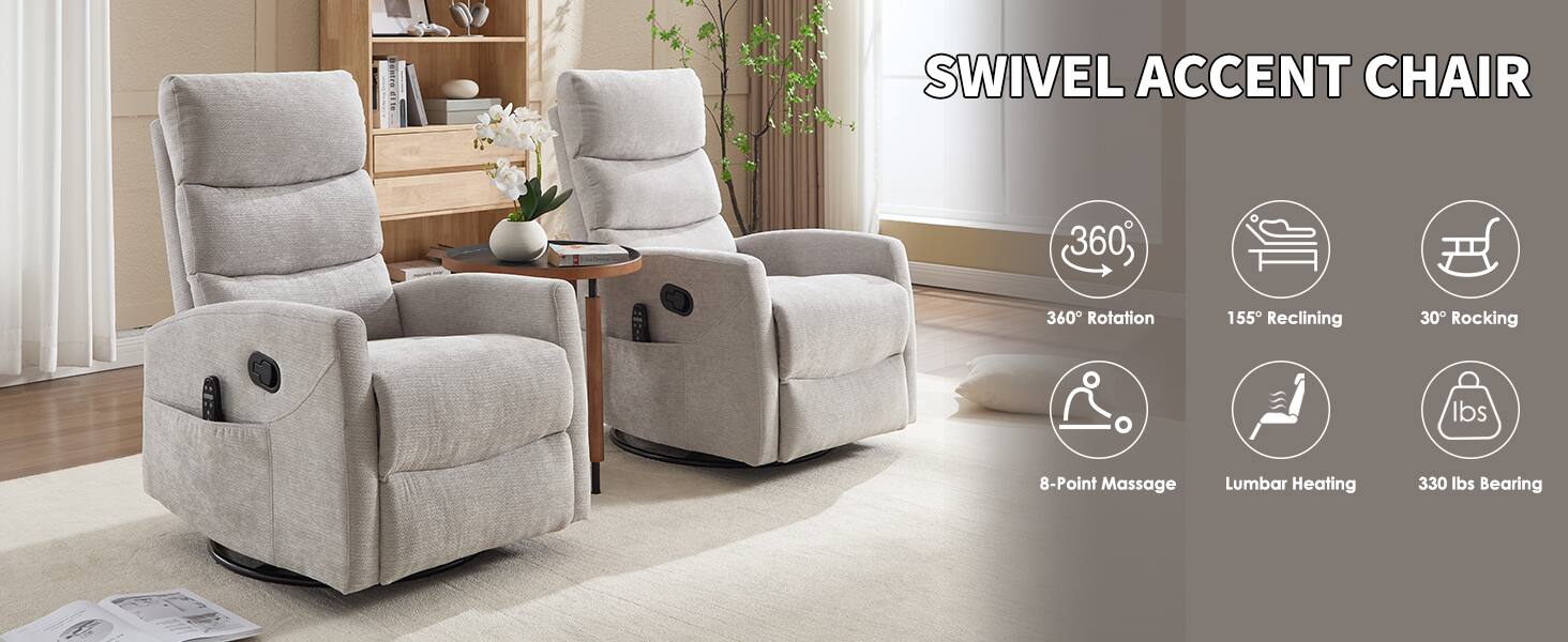 SWIVEL ACCENT CHAIR

- 360° Rotation
- 155° Reclining
- 30° Rocking
- 8-Point Massage
- Lumbar Heating
- 330 lbs Bearing