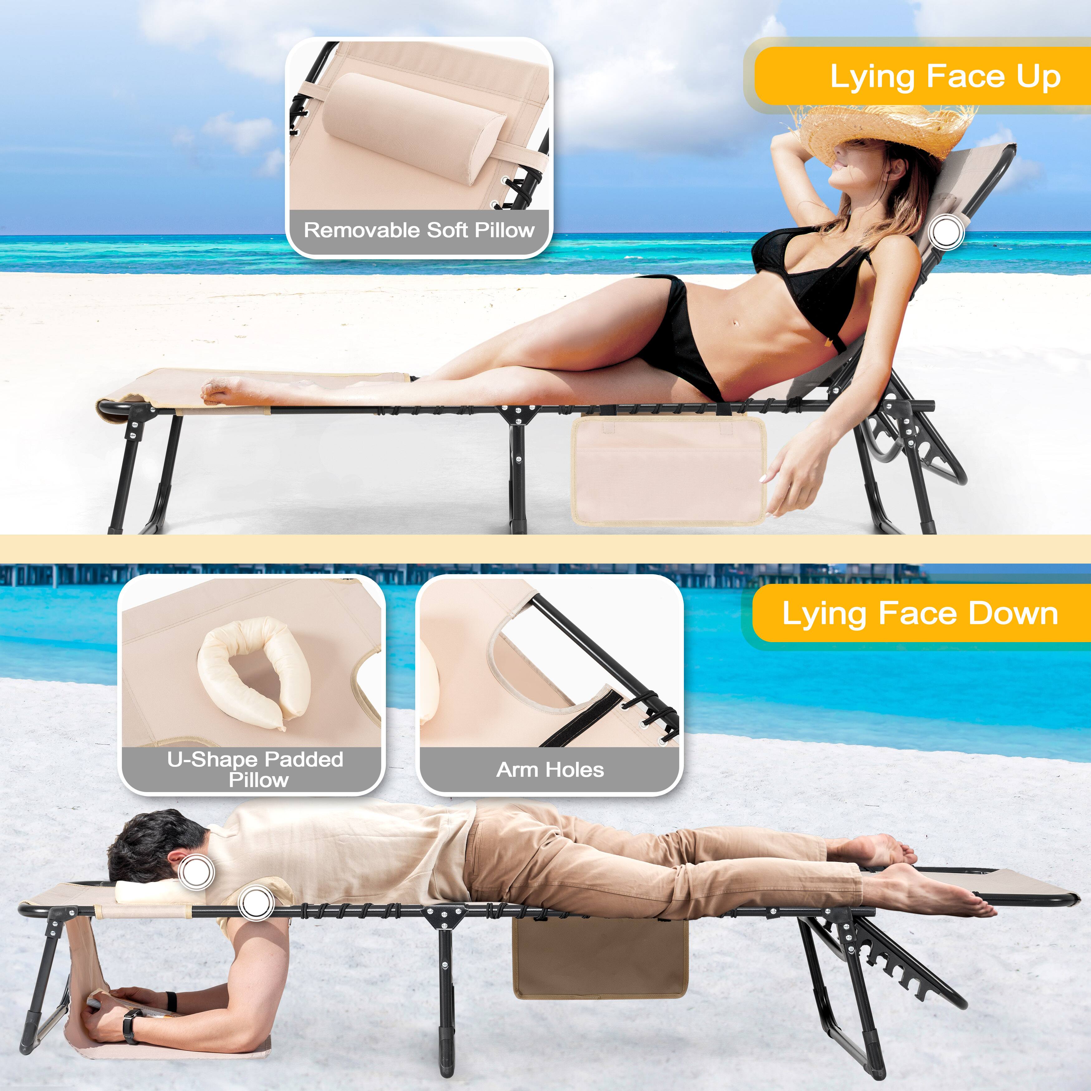 Lying Face Up  
- Removable Soft Pillow

Lying Face Down  
- U-Shape Padded Pillow  
- Arm Holes