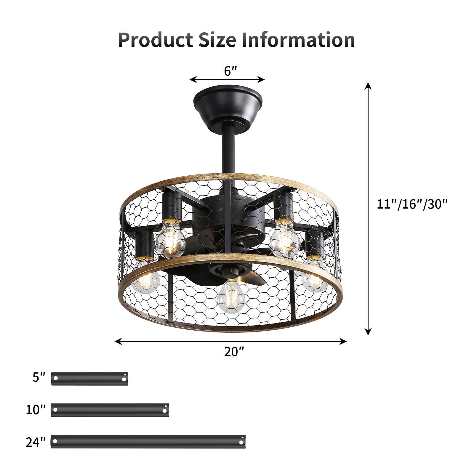 Product Size Information

- Diameter: 20"
- Height: 11"/16"/30"
- Width of each light fixture: 6"
- Length of each light fixture: 5"/10"/24"